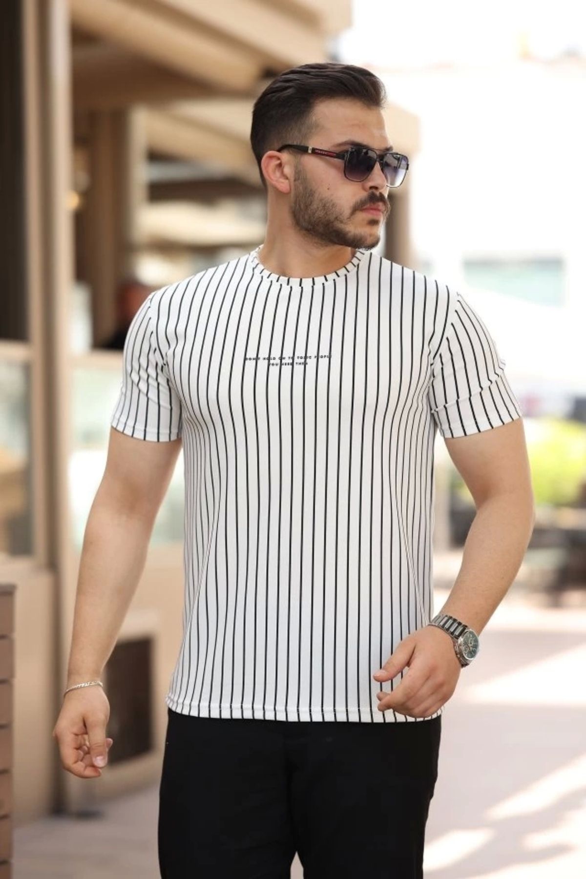 Silerra Erkek Dikey çizgili Ottoman Kumaş Kısa Kollu T-shirt