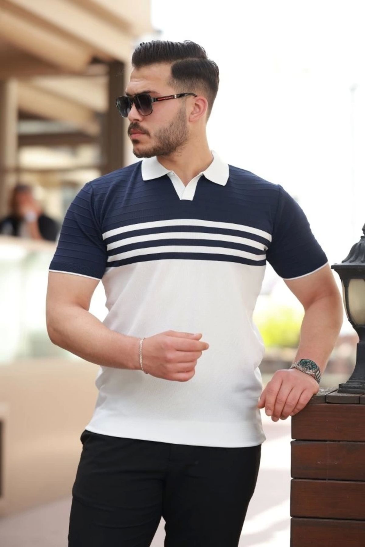 Silerra Erkek çizgi Desenli Yakalı Kısa Kollu T-shirt