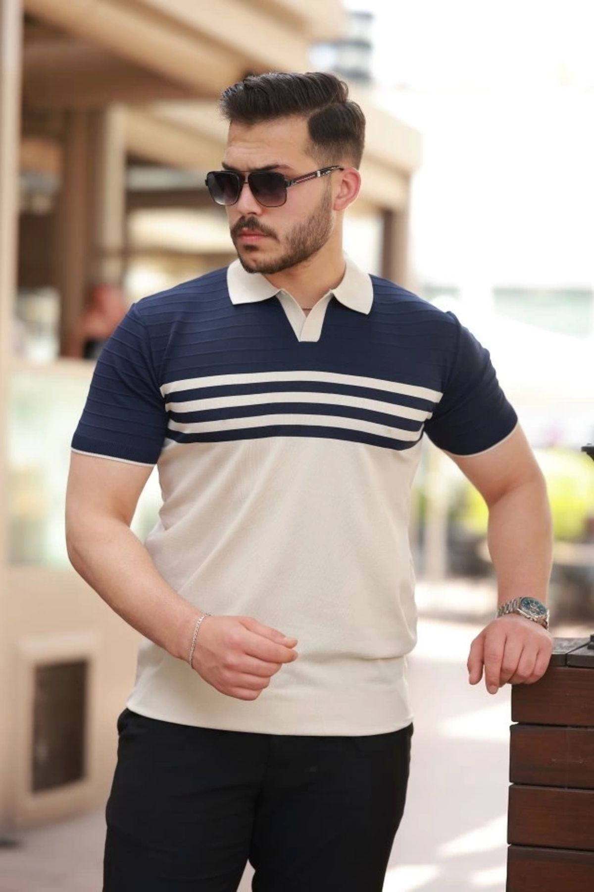 Silerra Erkek çizgi Desenli Yakalı Kısa Kollu T-shirt