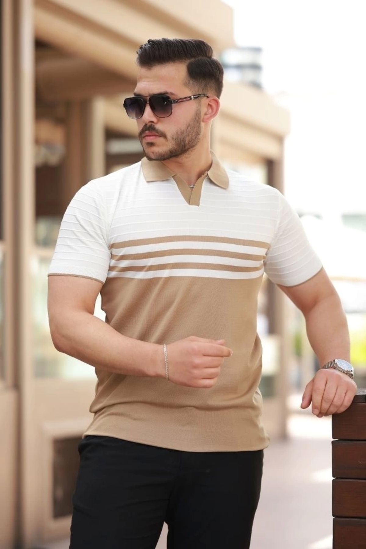 Silerra Erkek çizgi Desenli Yakalı Kısa Kollu T-shirt
