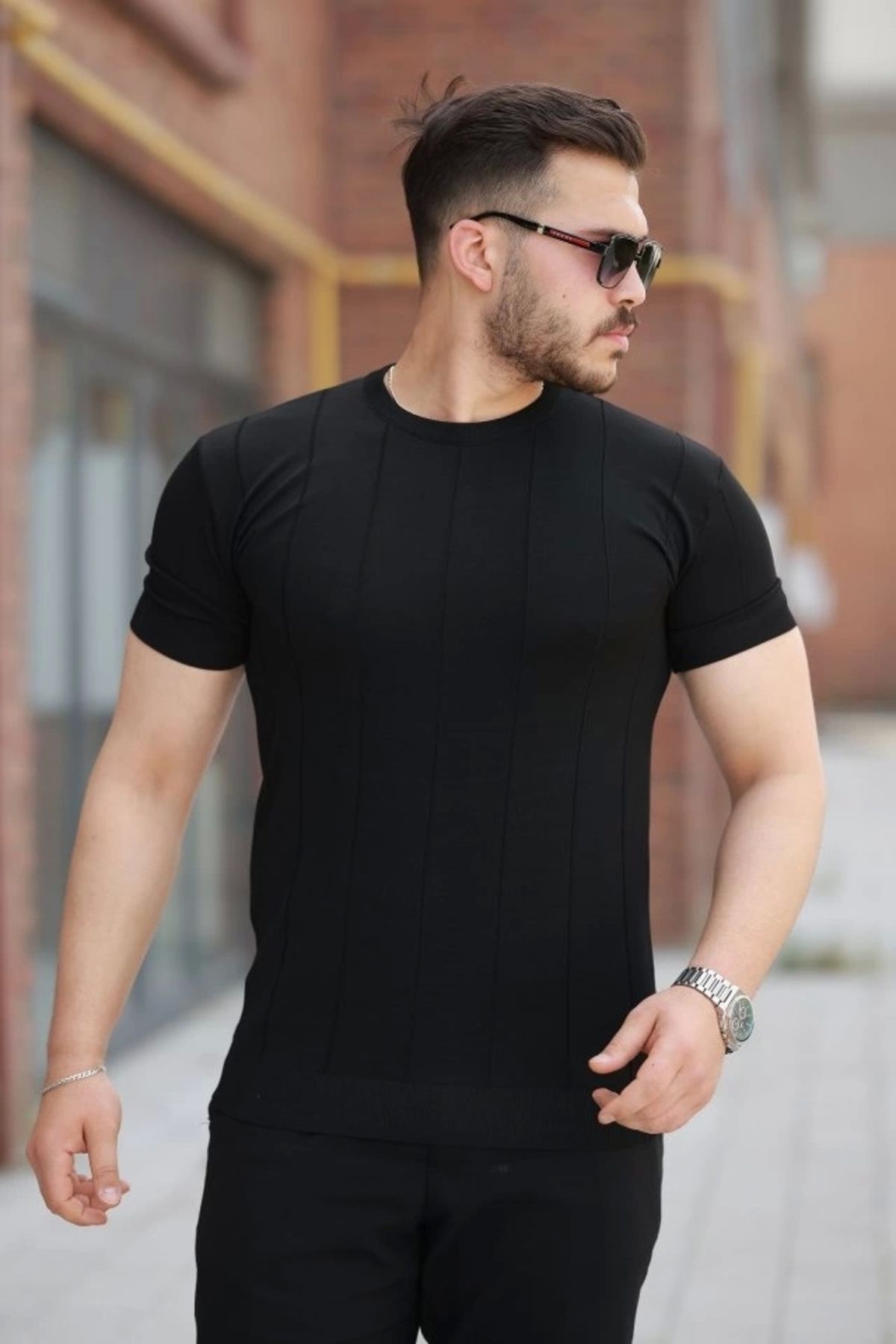 Silerra Erkek Ince çizgi Dokulu Bisiklet Yaka Kısa Kollu T-shirt