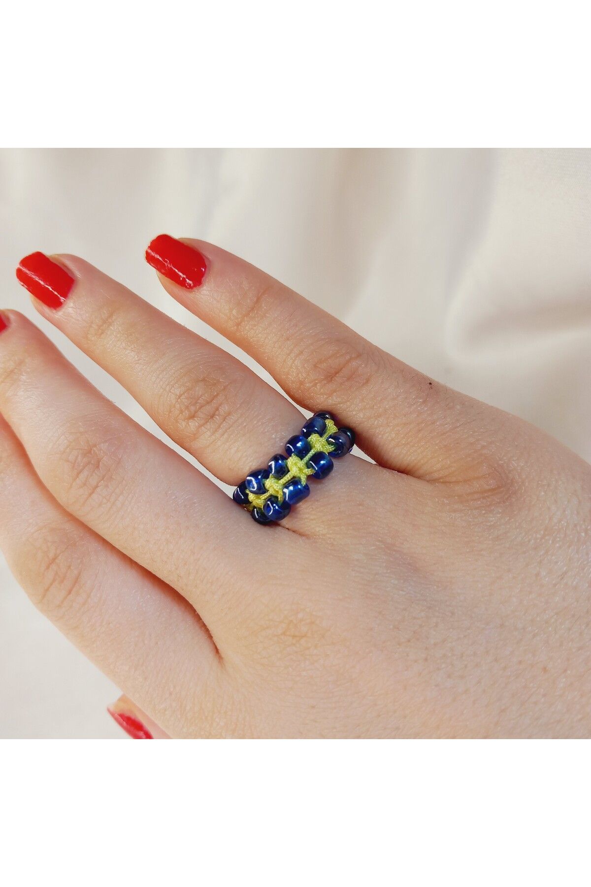 Crystal Atelier Lacivert Kum Boncuklu Sarı İp Örgü Makrome Ayarlanabilir Unisex Taraftar Yüzük-Fenerbahçe Yüzük