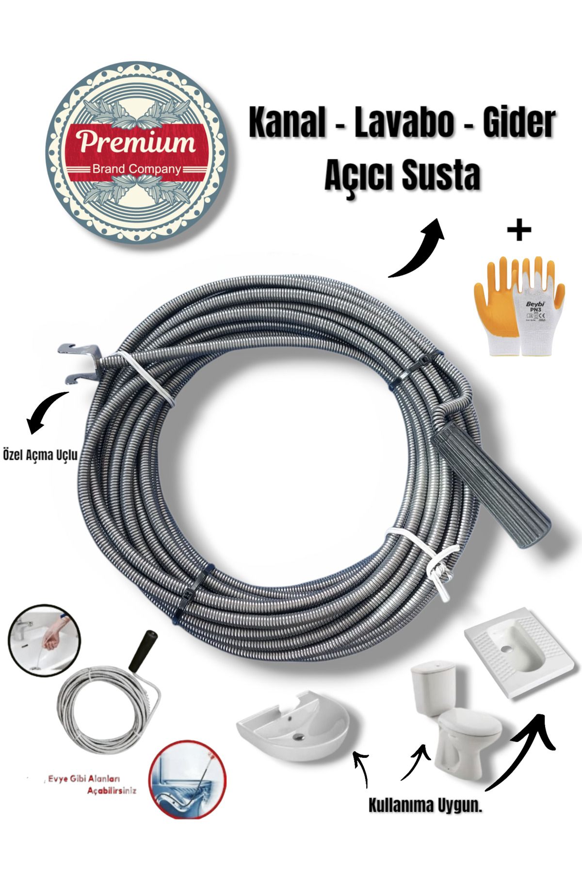 Sapcı Premium Klozet Lavabo Gider Açıcı 7 Metre Kalın Malzeme Özel Uç Aparatlı Kanal Susta Eldiven