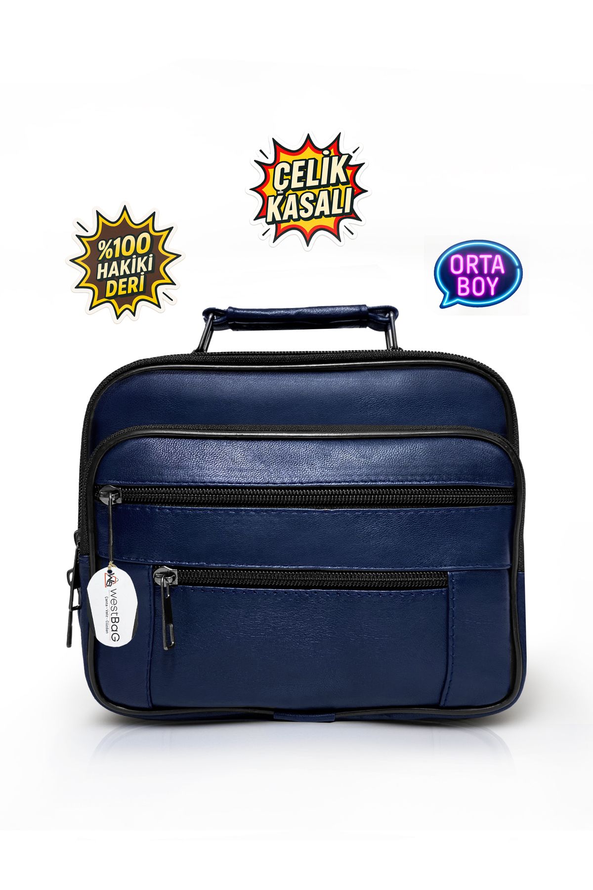 westbag Erkek Lacivert Yatay Model Çelik Kasalı Hakiki Deri El Ve Omuz Çantası Orta Boy