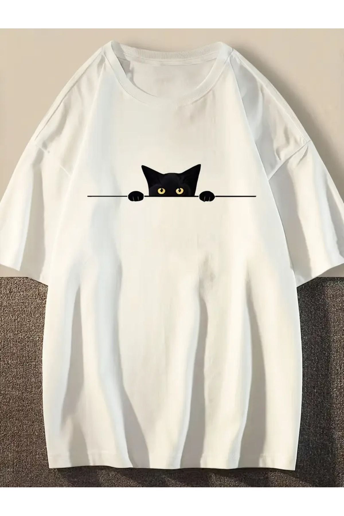 Massgai Unisex Cat Behind The Wall Baskılı Oversize %100 Pamuk T-shirt