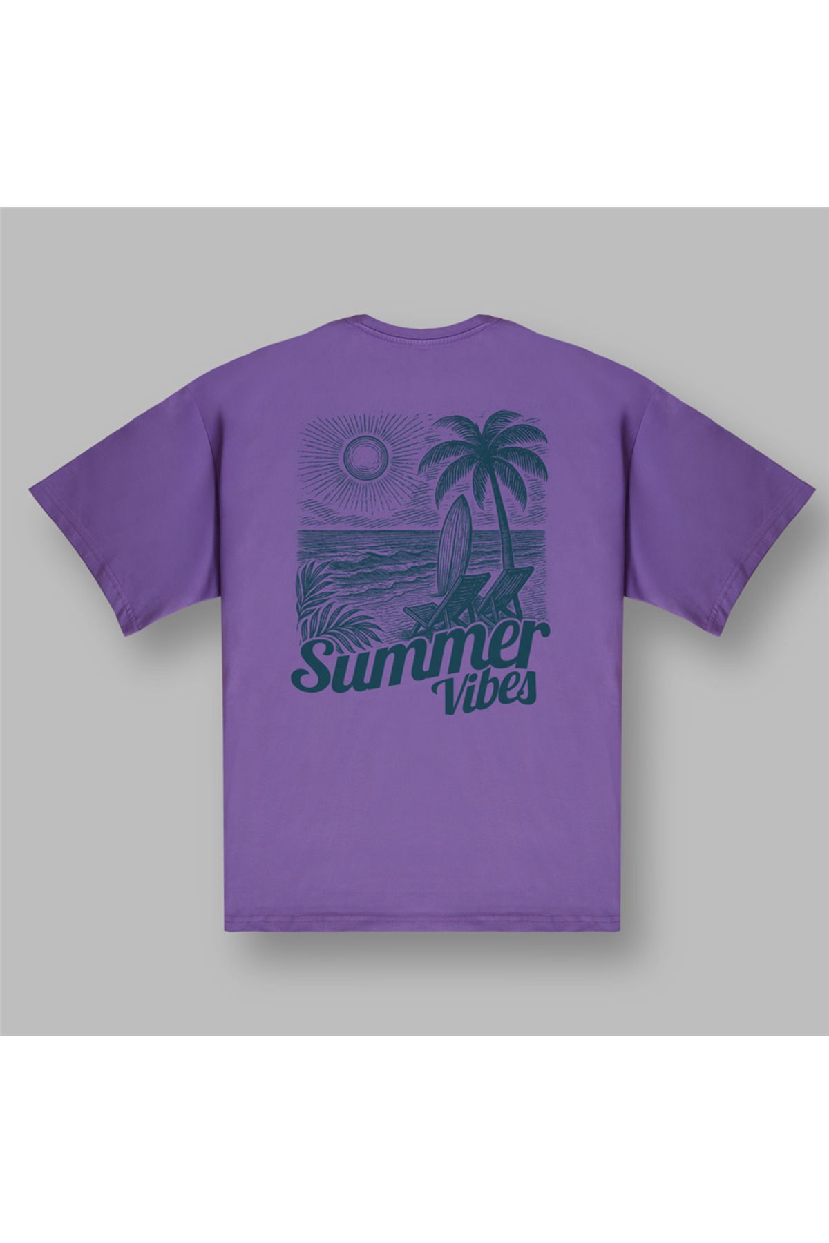 BOYANOVA Summer Vibes Palmiye Desenli Oversize Mor Tişört