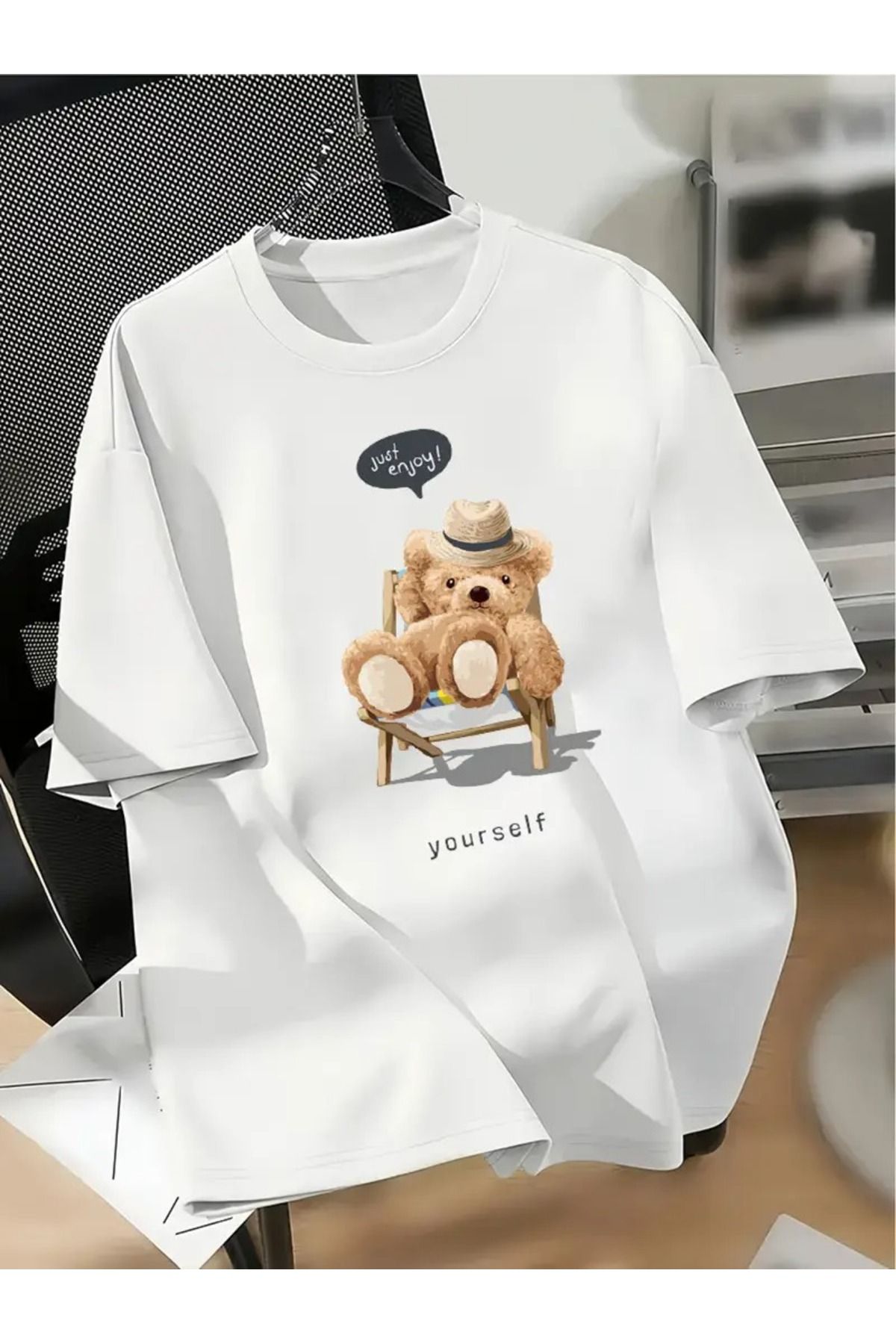 Massgai Unisex Bear Just Enjoy Yourself Baskılı Oversize %100 Pamuk T-shirt
