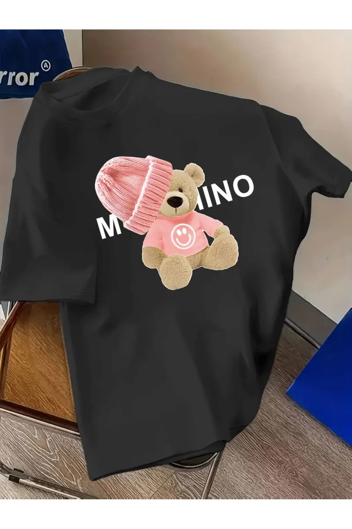 Massgai Unisex Smile Bear Pink Baskılı Oversize %100 Pamuk T-shirt