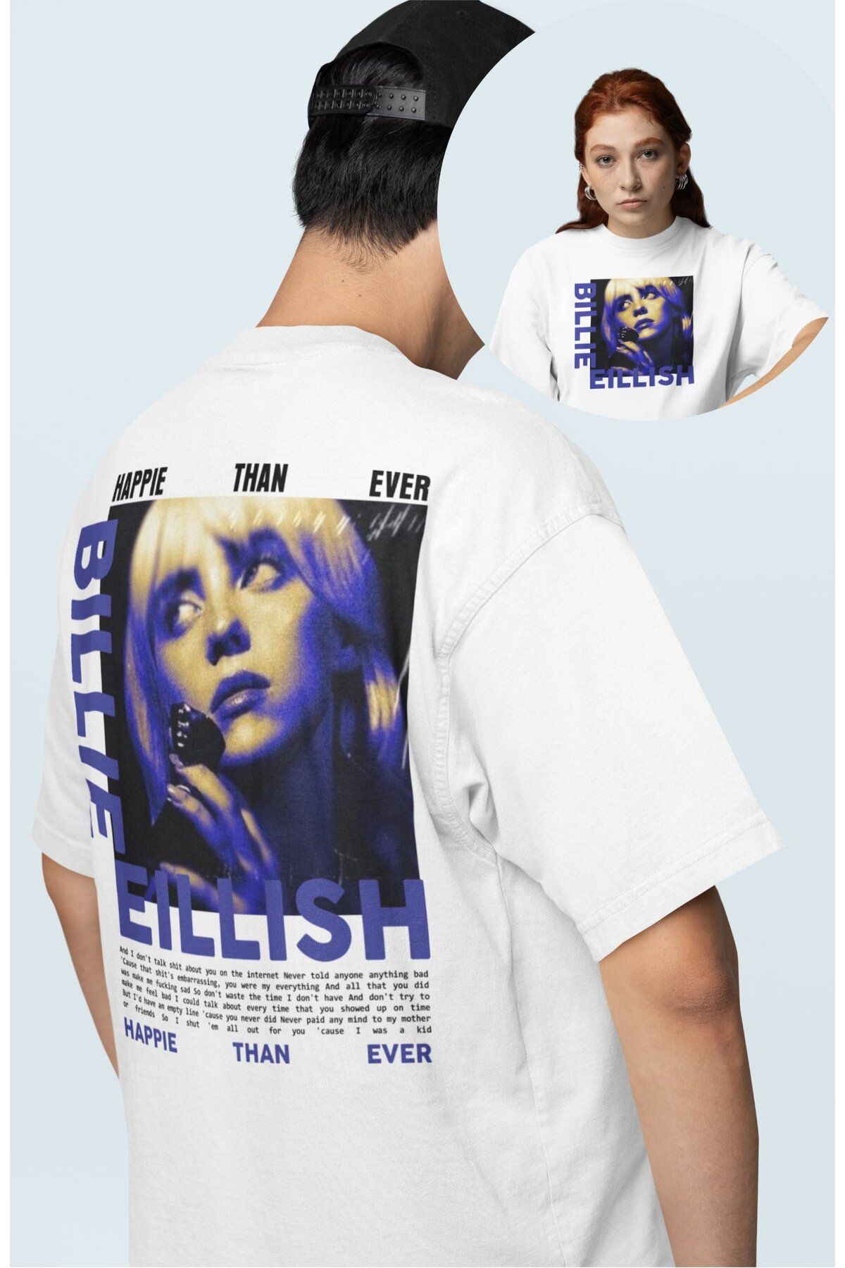 Fuddy Moda Unisex Happie Than Ever Sırt Yazılı Tişört, Oversize Billie Eilish Baskılı T-shirt
