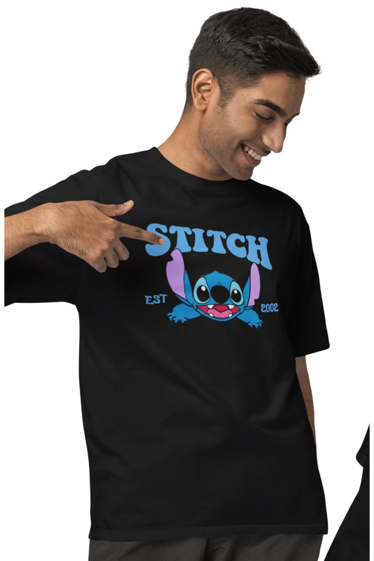 Fuddy Moda Oversize Stich Est 2002 Yazılı Tişört, Unisex Sevimli Çizgi Film Karakteri Temalı T-shirt