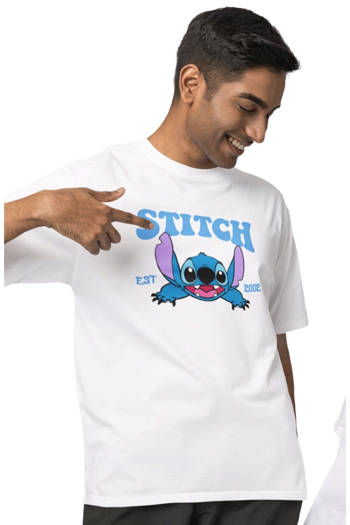 Fuddy Moda Oversize Stich Est 2002 Yazılı Tişört, Unisex Sevimli Çizgi Film Karakteri Temalı T-shirt