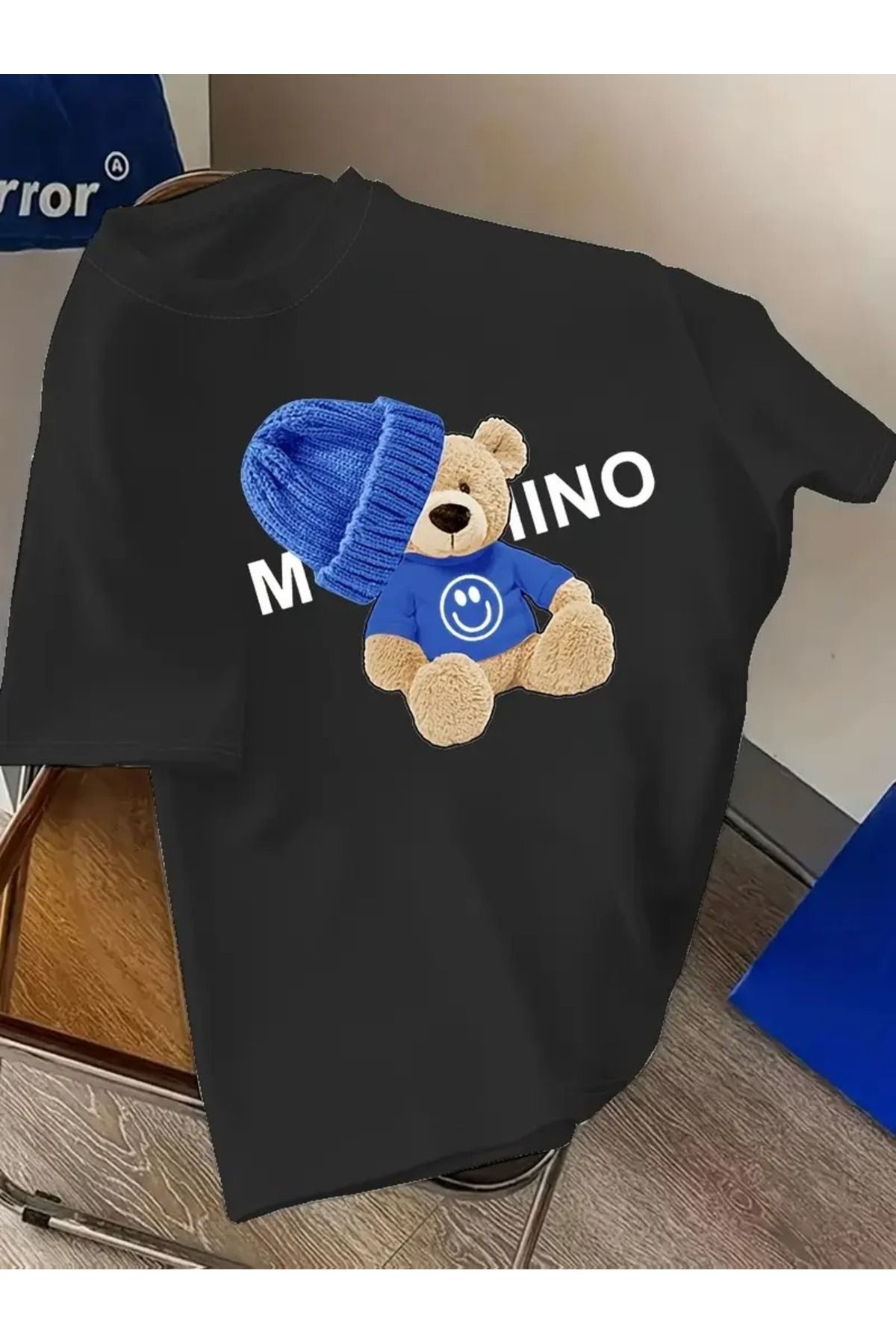 Massgai Unisex Smile Bear Blue Baskılı Oversize %100 Pamuk T-shirt