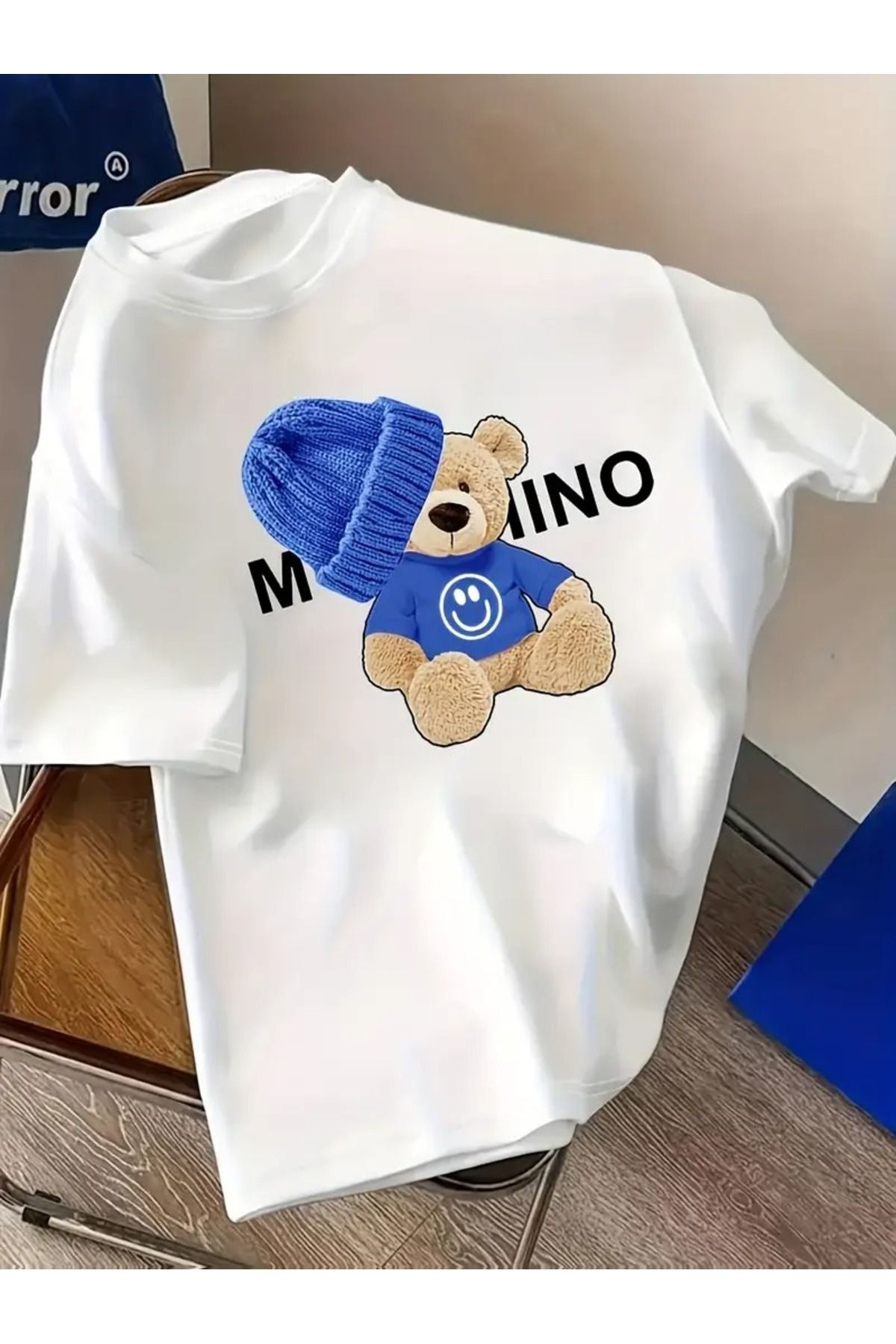 Massgai Unisex Smile Bear Blue Baskılı Oversize %100 Pamuk T-shirt