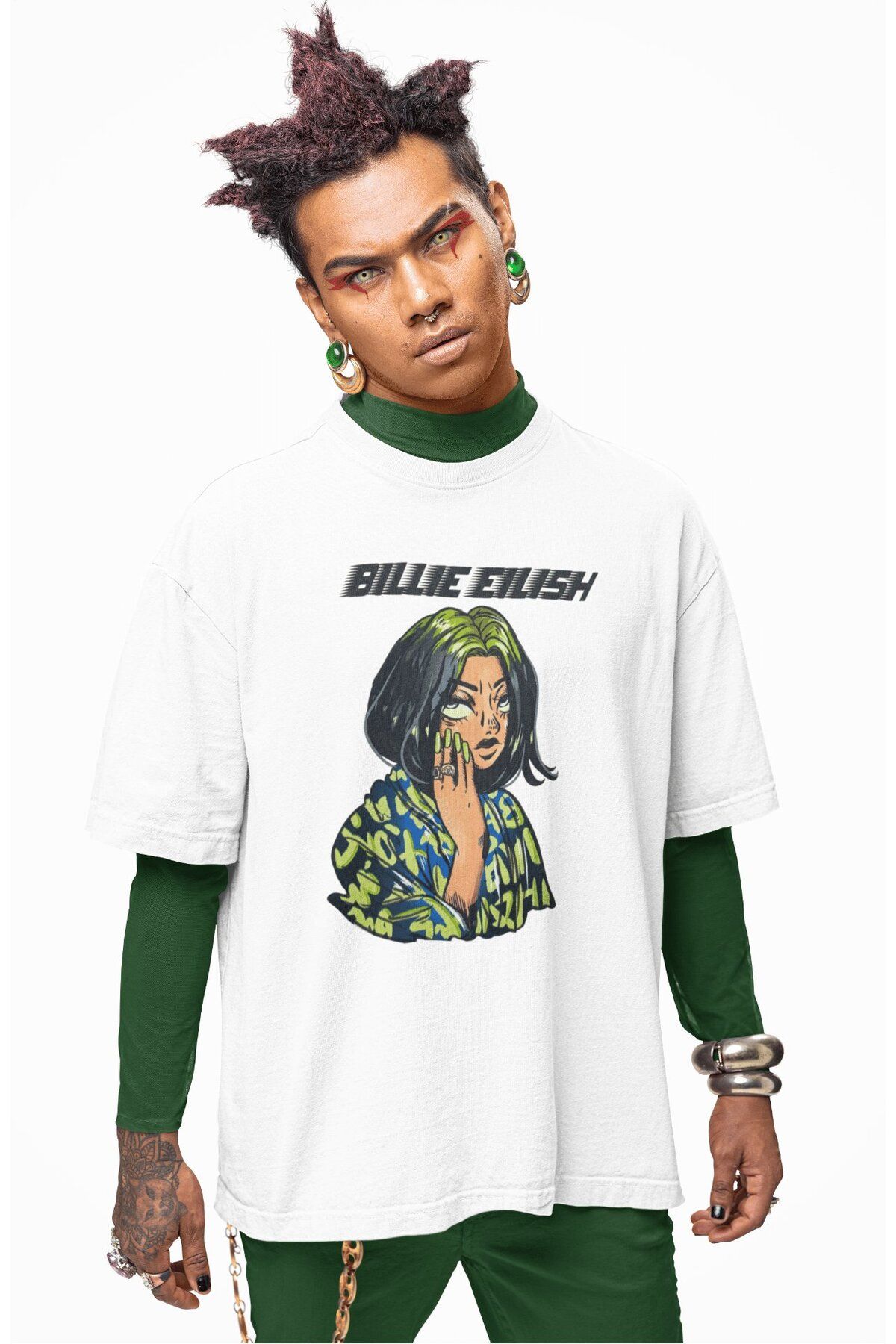 Fuddy Moda Unisex Cartoon Style Billie Eilish Baskılı Tişört, Oversize Müzik Temalı T-shirt