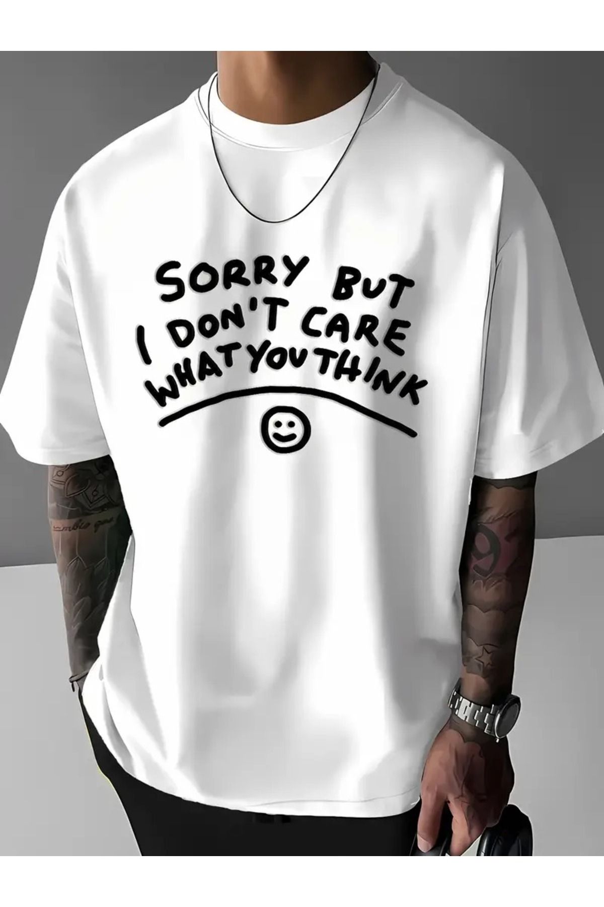 Massgai Unisex Sorry But I Don't Care Baskılı Oversize %100 Pamuk T-shirt