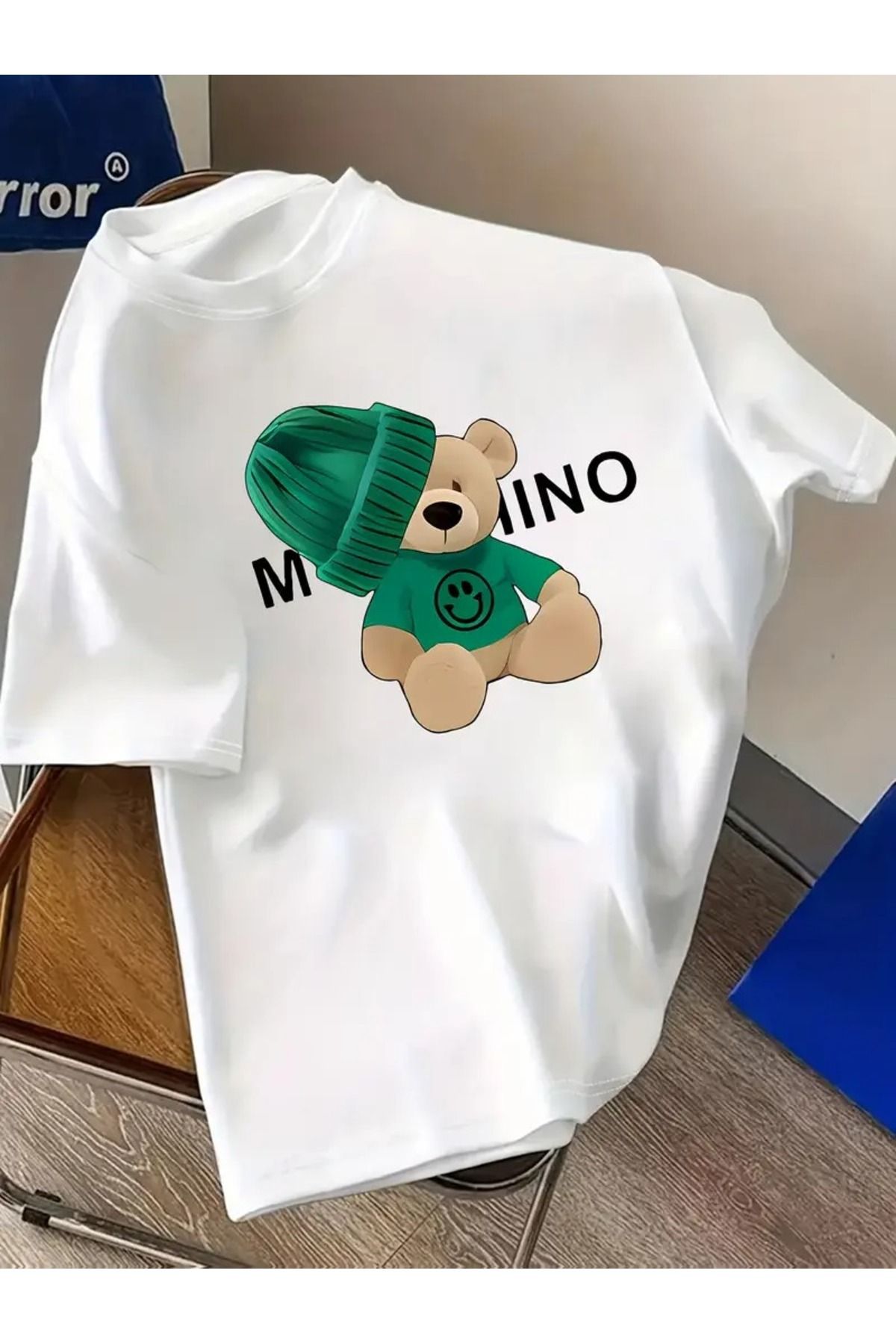 Massgai Unisex Smile Bear Green Baskılı Oversize %100 Pamuk T-shirt
