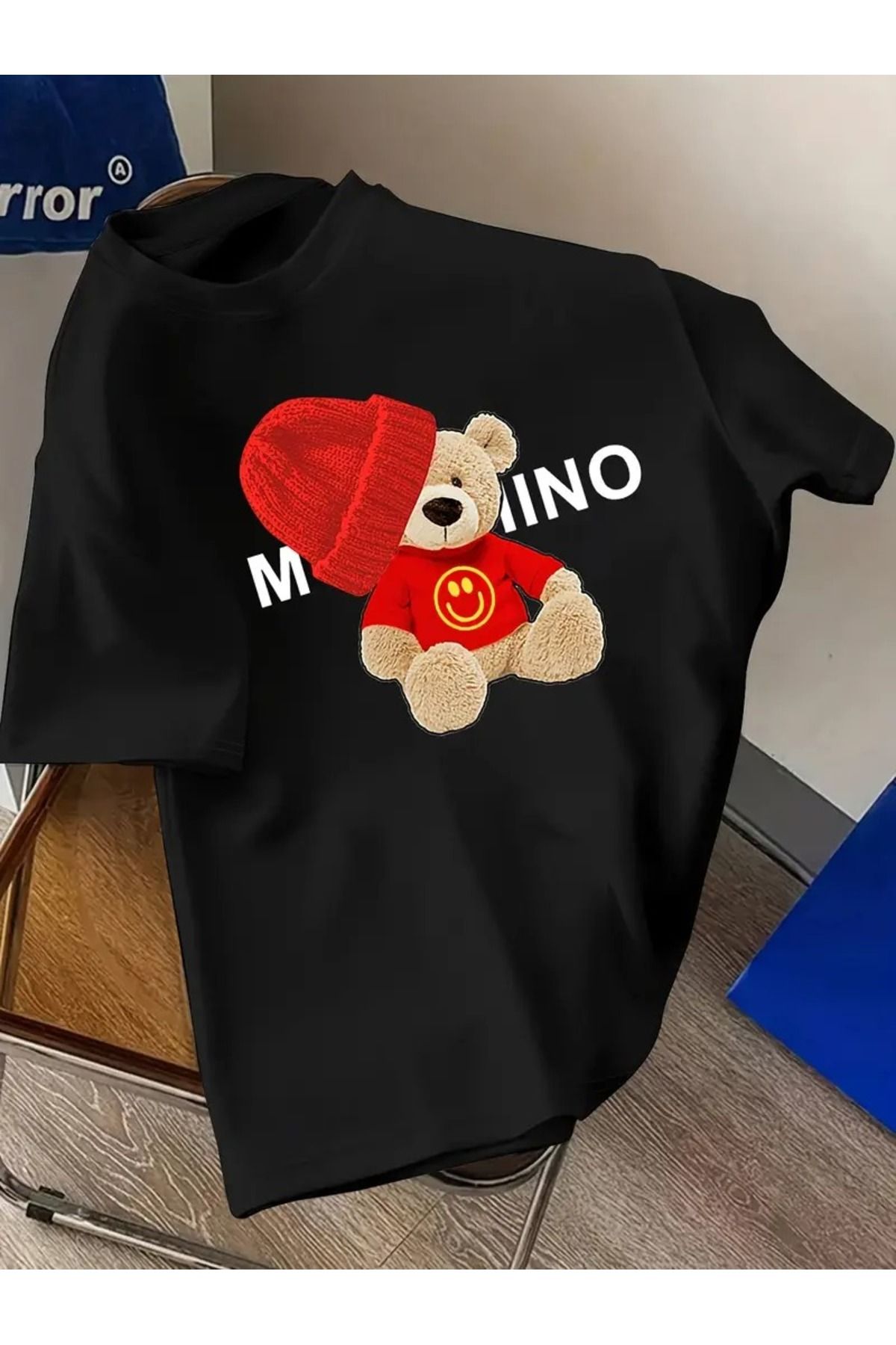 Massgai Unisex Smile Bear Red Baskılı Oversize %100 Pamuk T-shirt
