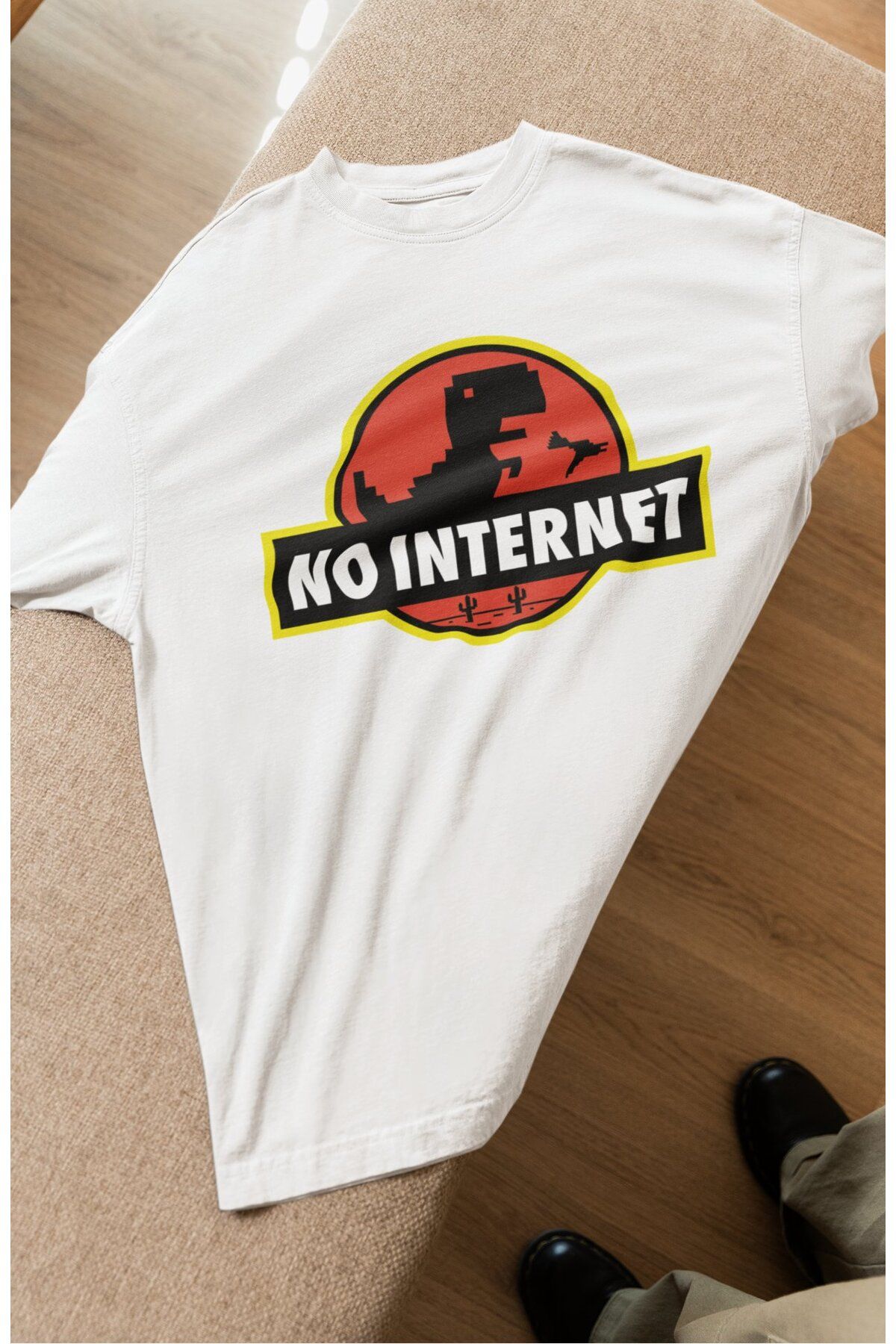 Fuddy Moda Unisex No Internet Yazılı Tişört, Oversize Komik Jurassic Park Temalı T-shirt