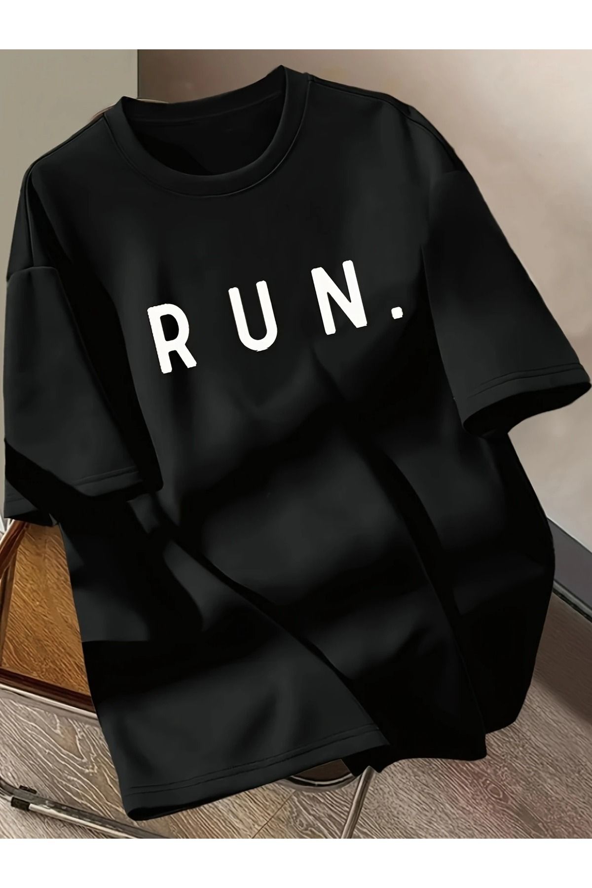 Massgai Unisex RUN Baskılı Oversize %100 Pamuk T-shirt