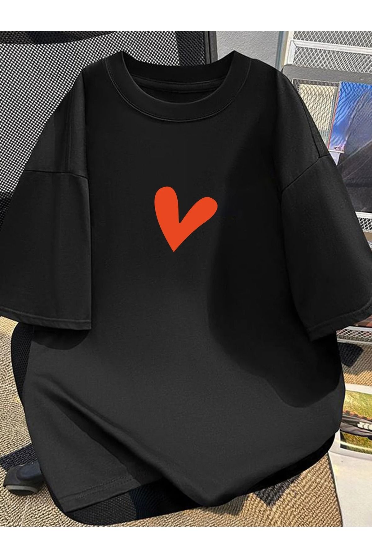 Massgai Unisex Orange Heart Kalp Baskılı Oversize %100 Pamuk T-shirt