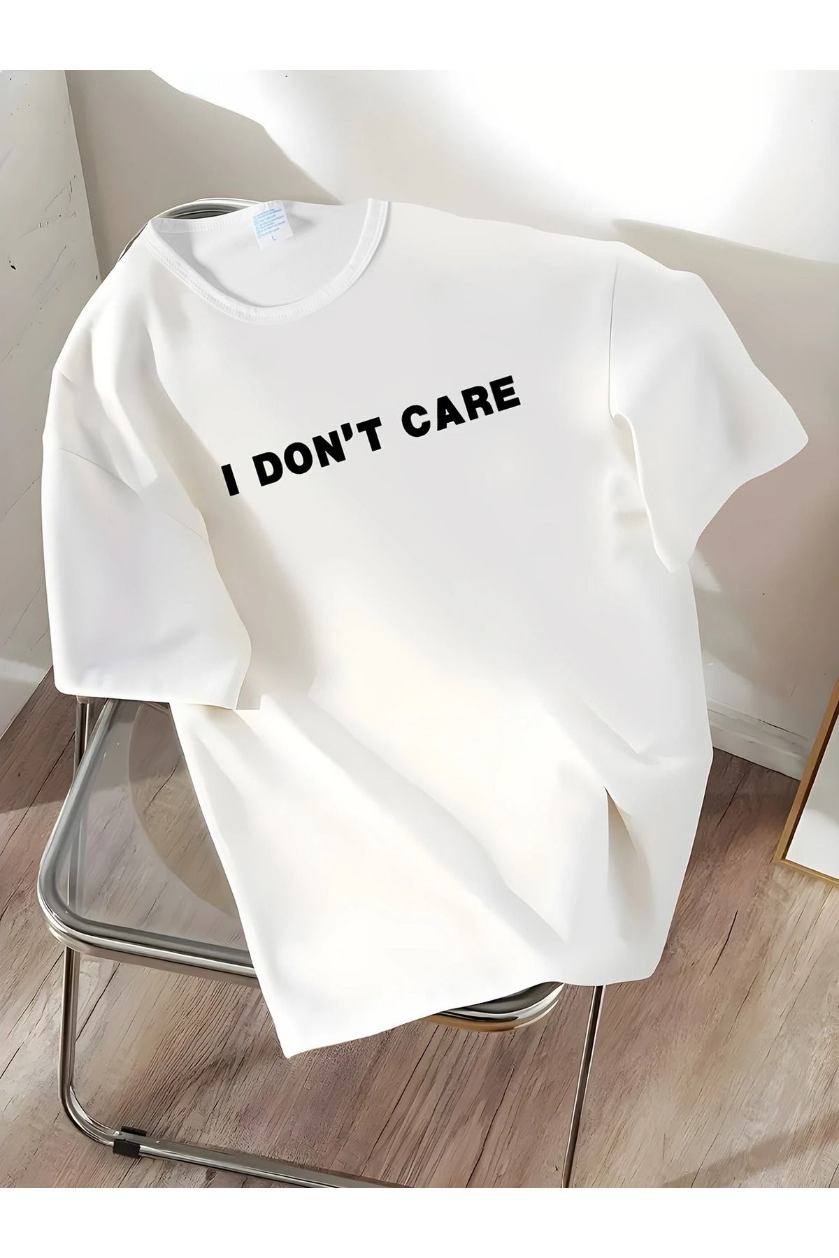 Massgai Unisex I Don't Care Baskılı Oversize %100 Pamuk T-shirt