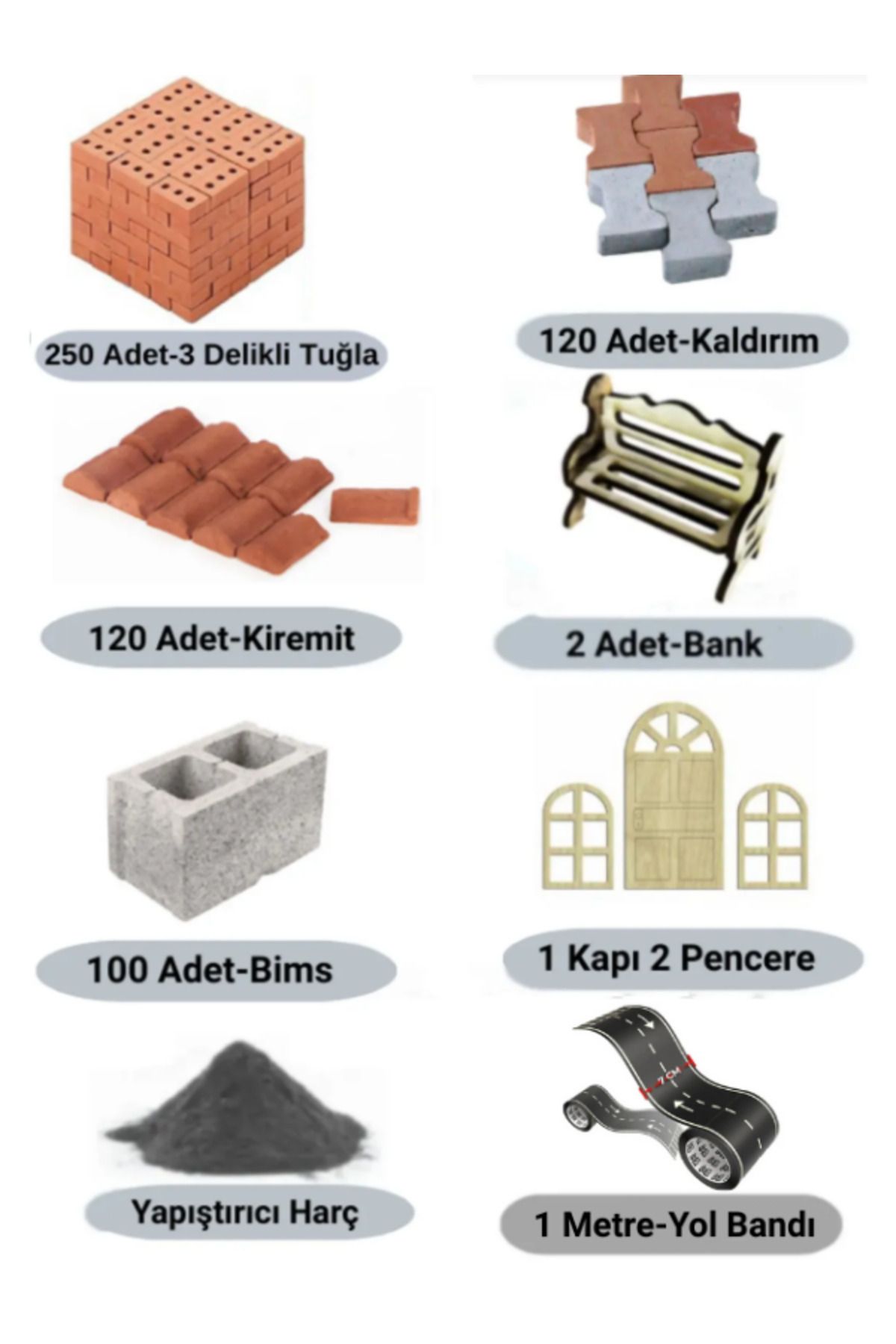 Demir Yapım Minyatür 3 Delikli Tuğla İnşaat Seti (Yol Bandı+Bank)