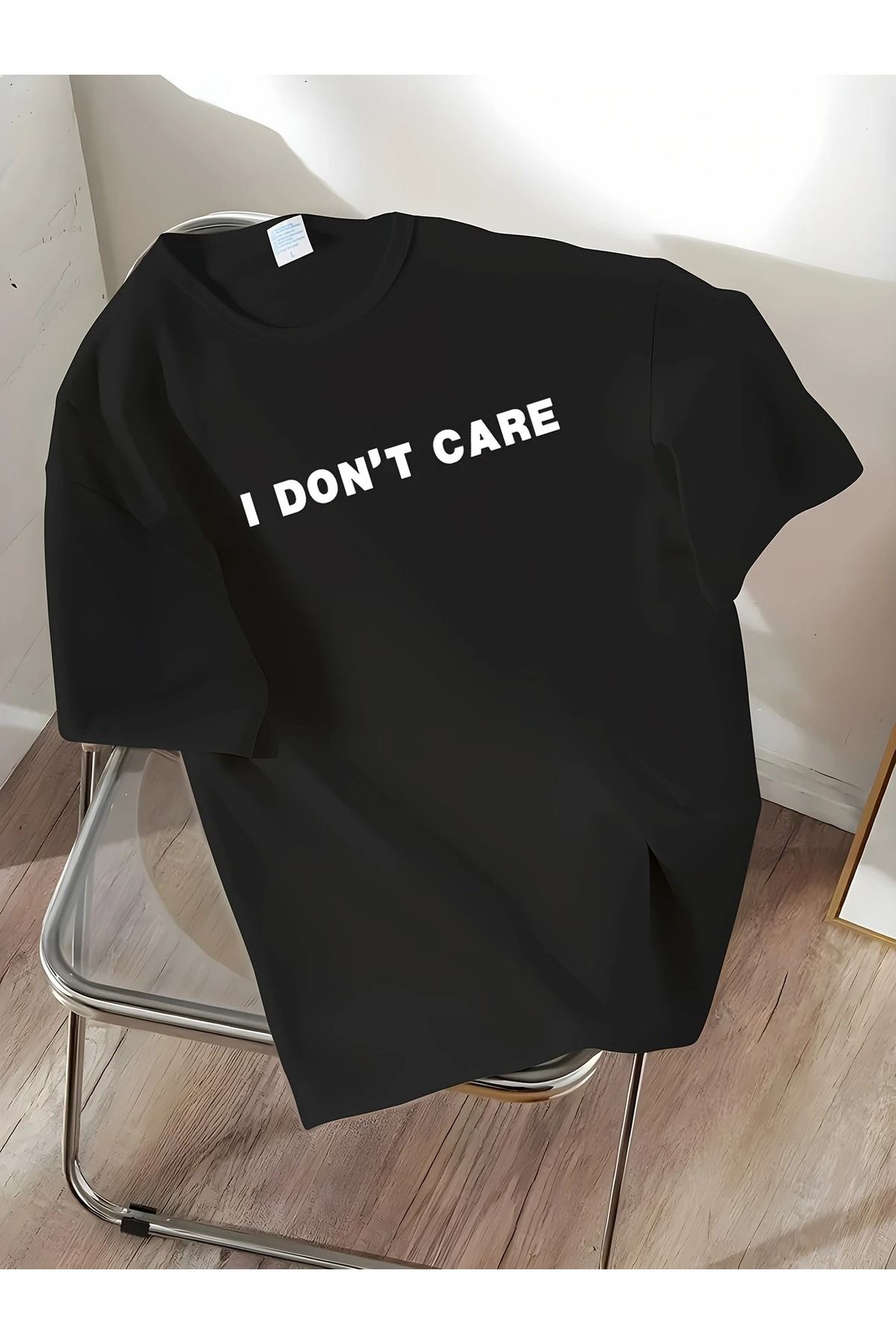 Massgai Unisex I Don't Care Baskılı Oversize %100 Pamuk T-shirt