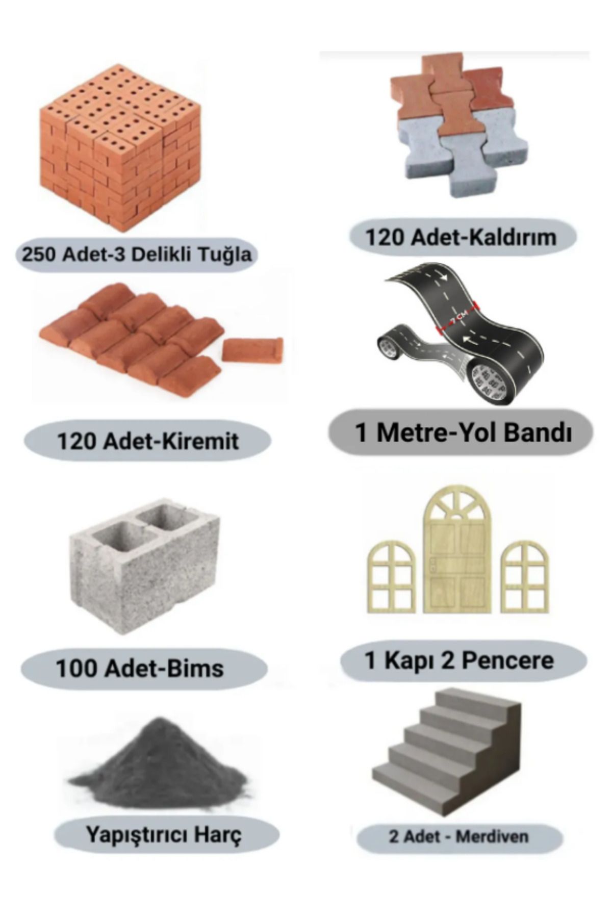 Demir Yapım Minyatür 3 Delikli Tuğla İnşaat Seti (Yol Bandı+Merdiven)