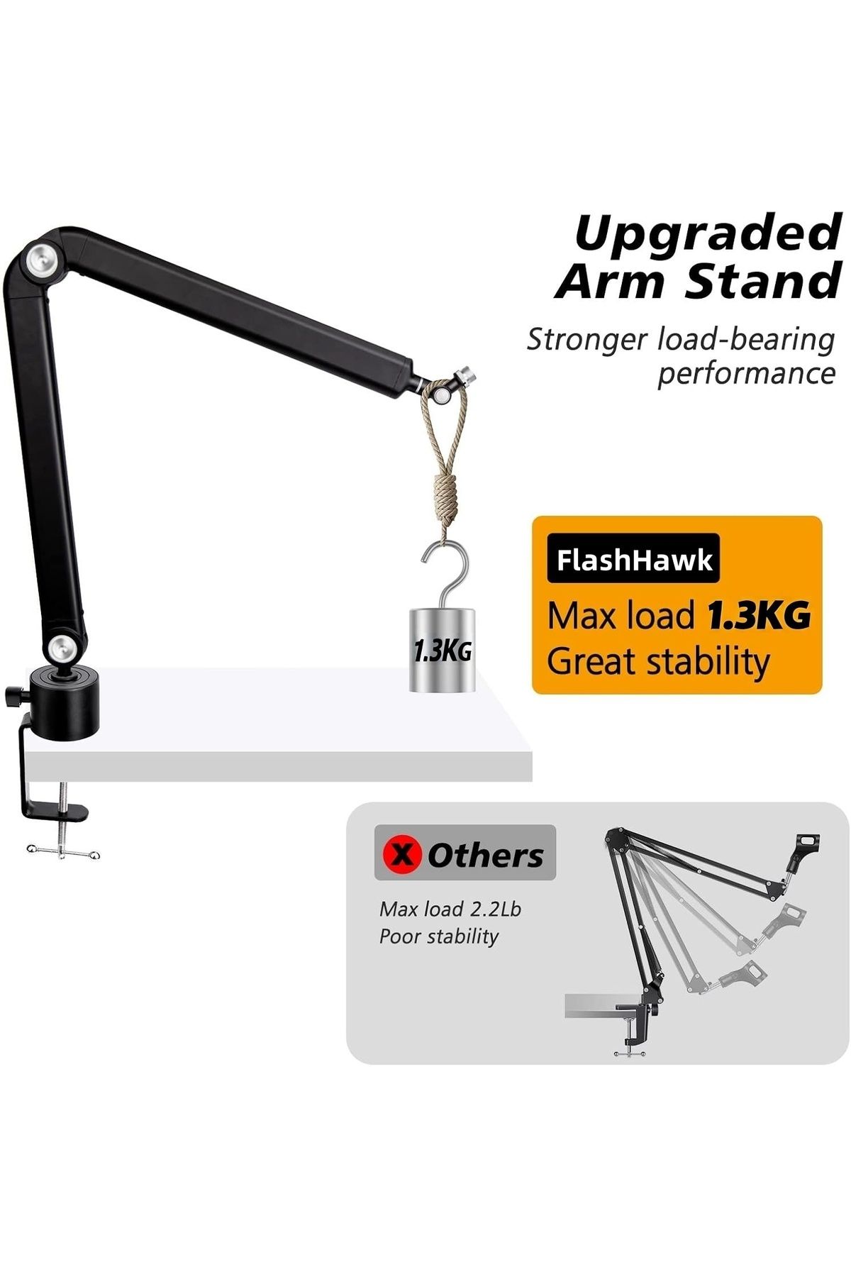FlashHawk-Mic Boom Arm 360° Rotatable Microphone Stand with Desk Mount, for Live Streaming, Gaming, Radio 3