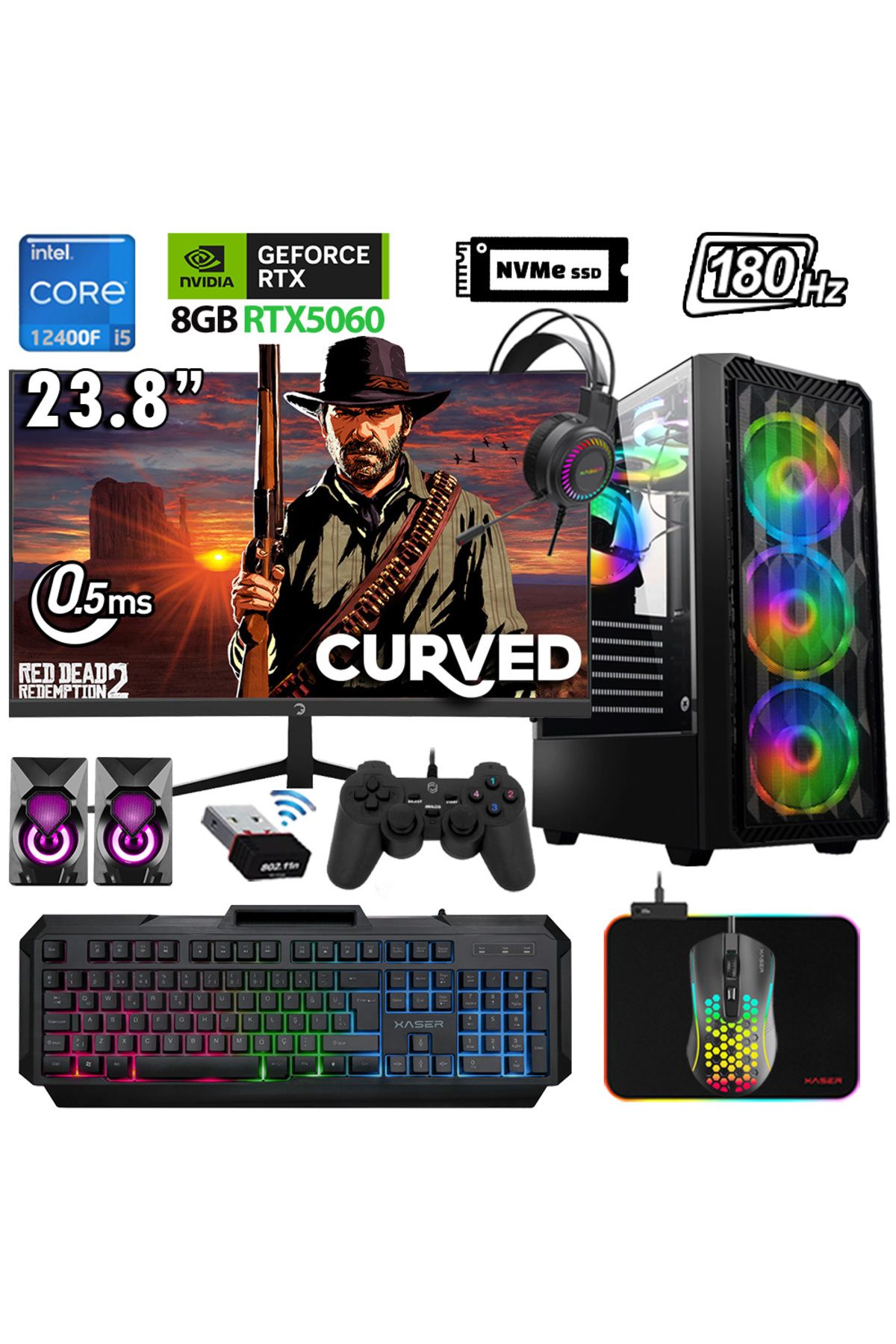 XASER Xsr1117 i5 12400F 32GB Ram 1TB M.2 NVMe SSD 8GB RTX5060 23.8" 180Hz Oyuncu Bilgisayarı