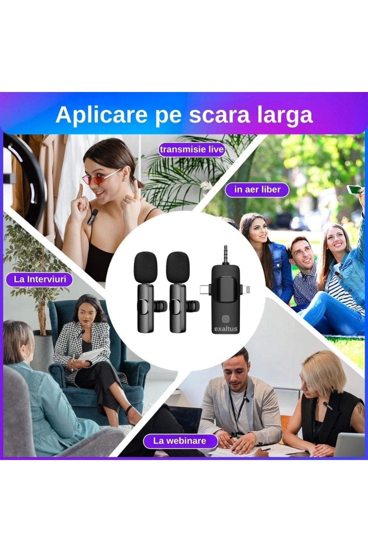 exaltus-Set of 2 Professional Lavalier Microphones, ®, Usb C, 3.5 Jack, Lightning, Noise Reduction 4