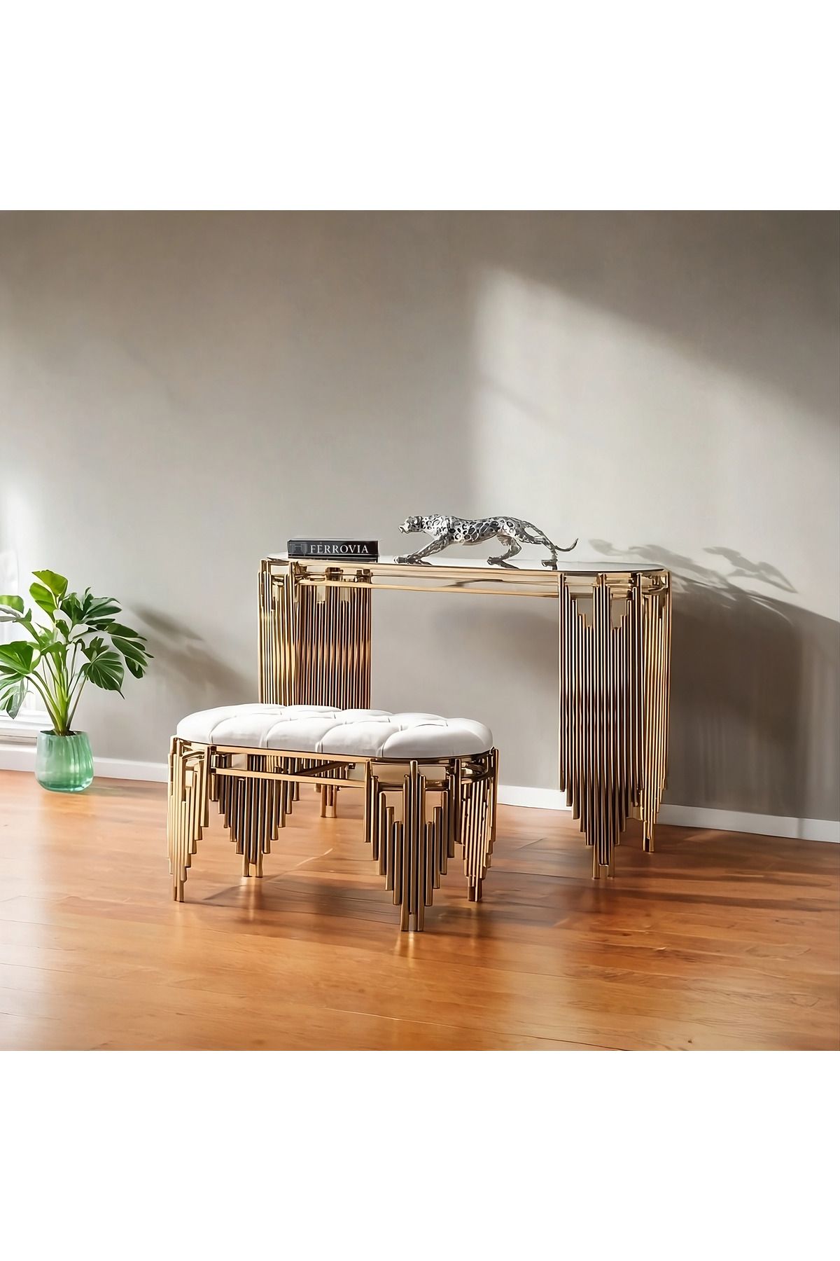 FERROVIA Gold Metal Dresuar ve Puf Seti - 120 cm | Modern Lüks Antre Konsol | Aynasız | Altın Kaplama