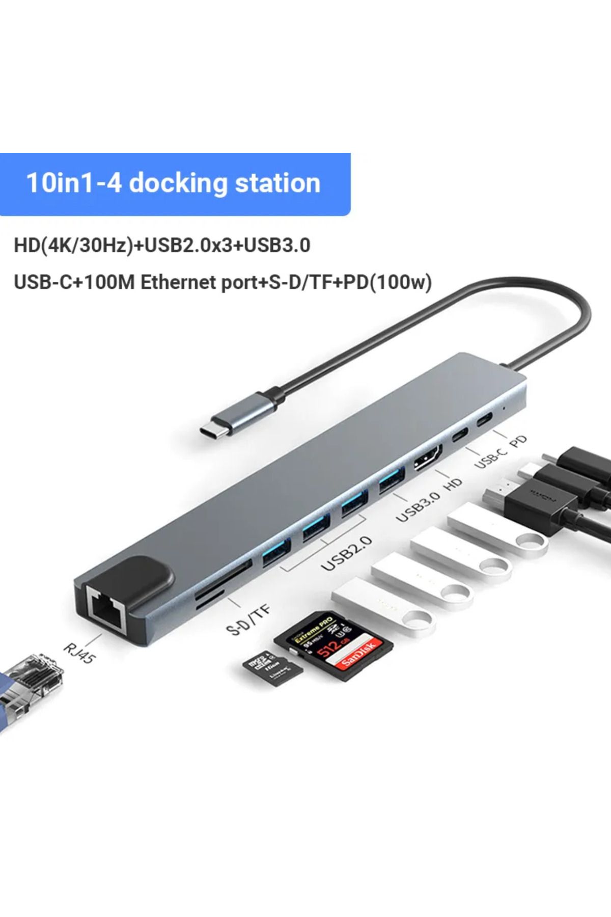 LUVLU-Hub Usb C 10 In 1, 1 Hdmi 4k, 1 Pd 100w, 1 Rj45, 1 Sd/tf, 3 Usb 2.0, 1 Usb 3.0, 1 Usb-c Data 4