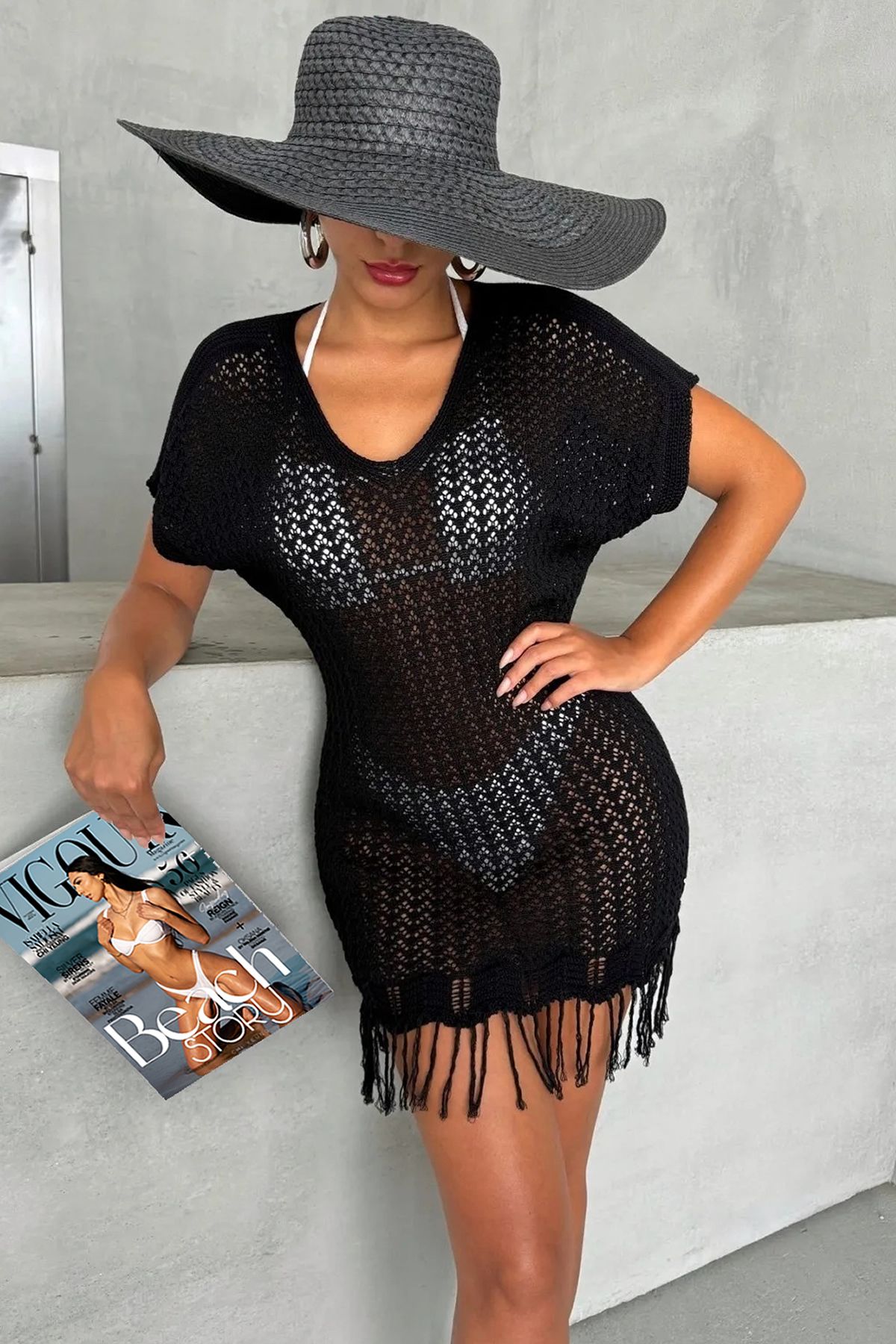 citystyle Kadın File Örgü Mini Plaj Elbisesi Püsküllü Bikini Üstü Siyah Tunik