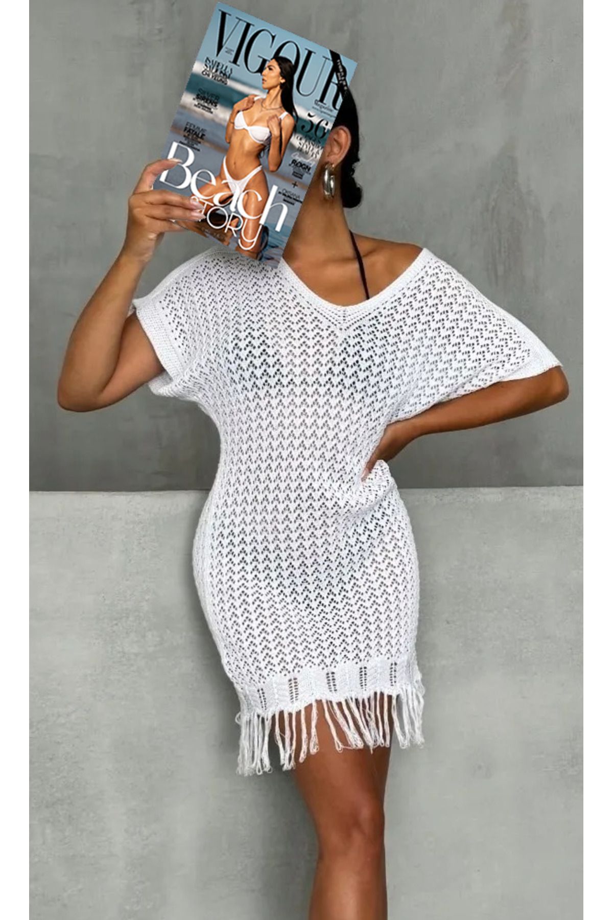 citystyle Kadın File Örgü Mini Plaj Elbisesi Püsküllü Bikini Üstü Beyaz Tunik