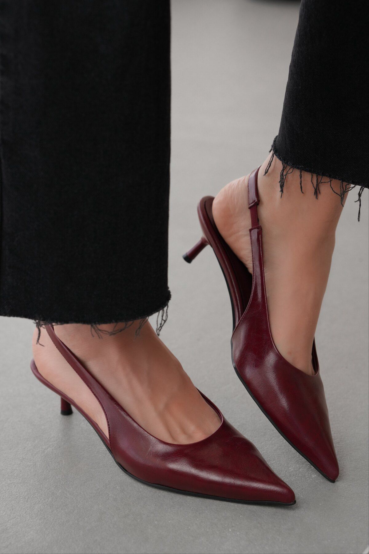 selinshoes Clove Sivri Burun Kısa Topuklu Lastikli Kadın Stiletto- BORDO