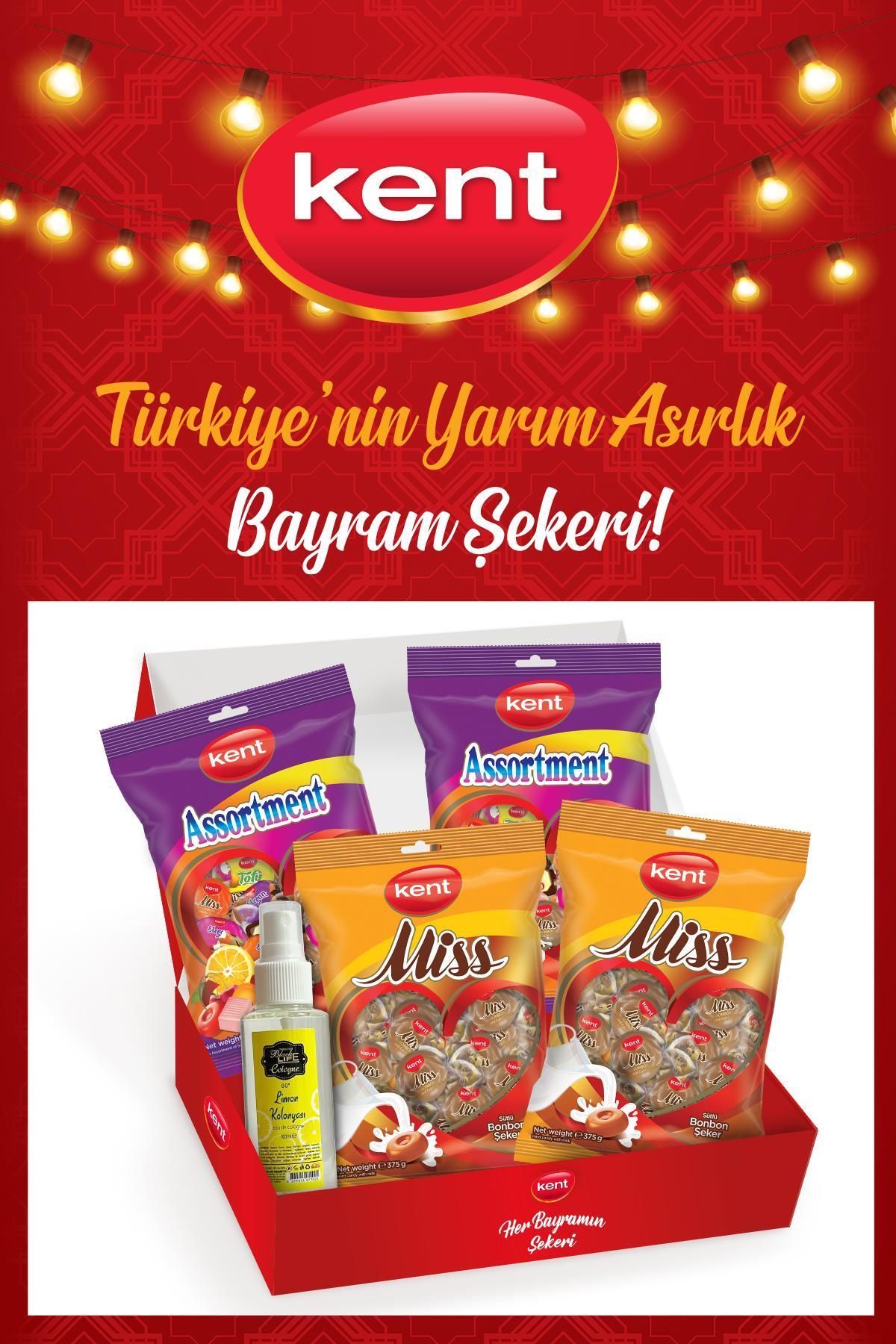 KENT Karışık Ve Misbon Sütlü Bayram Şekeri (375 GR X 4 ADET) Kolonya Hediyeli