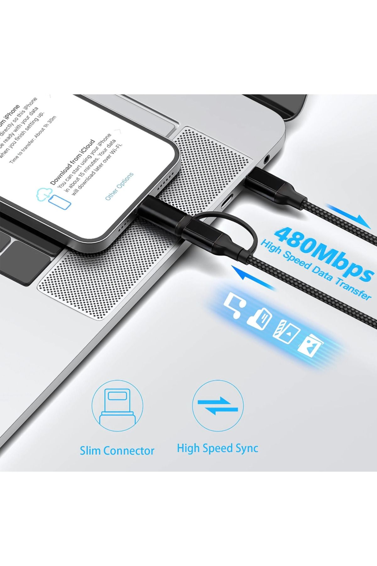 LUVLU-Cablu USB C cu încărcare rapidă, împletit, 2 în 1, max. 60 W, USB C la USB C și Lightning, universal, 1 m 3