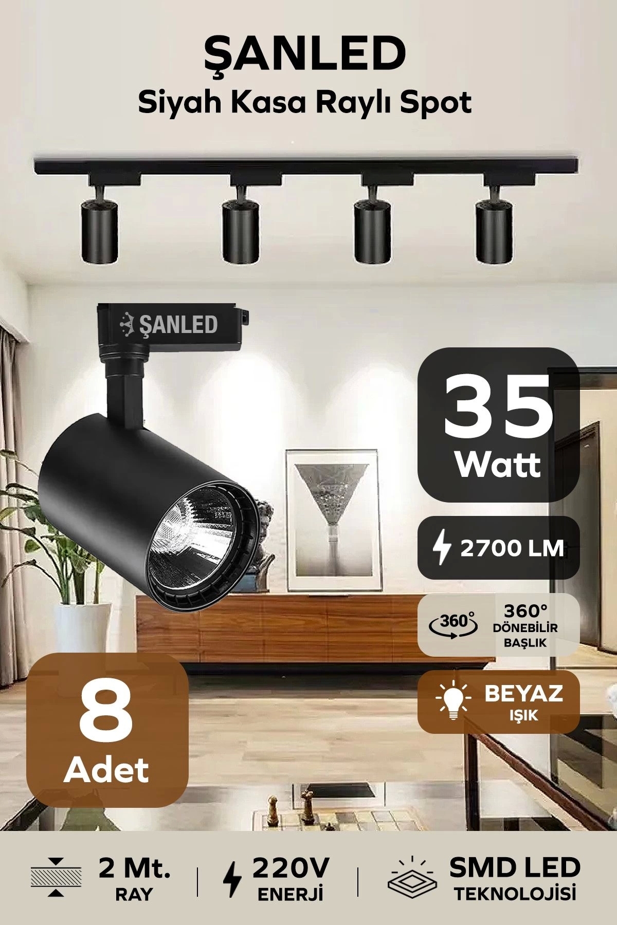 Led Black Case White Light 35w Rail Spotlight / 8pcs 2 Meters Rail