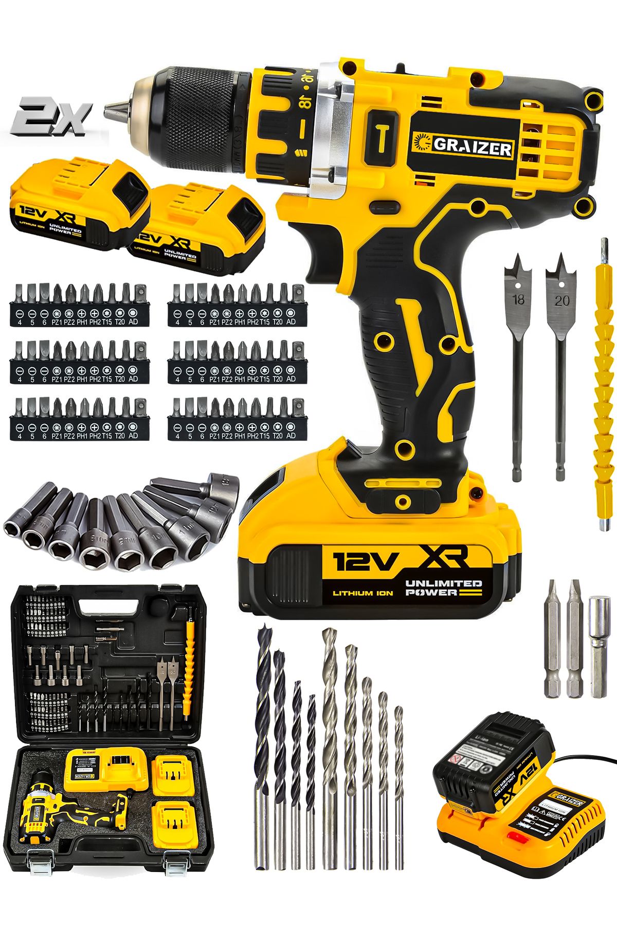 Graizer Powerforge 12v Çift Akülü Vidalama Metal Şanzıman-Metal Mandren Şarjlı Matkap-Sarı