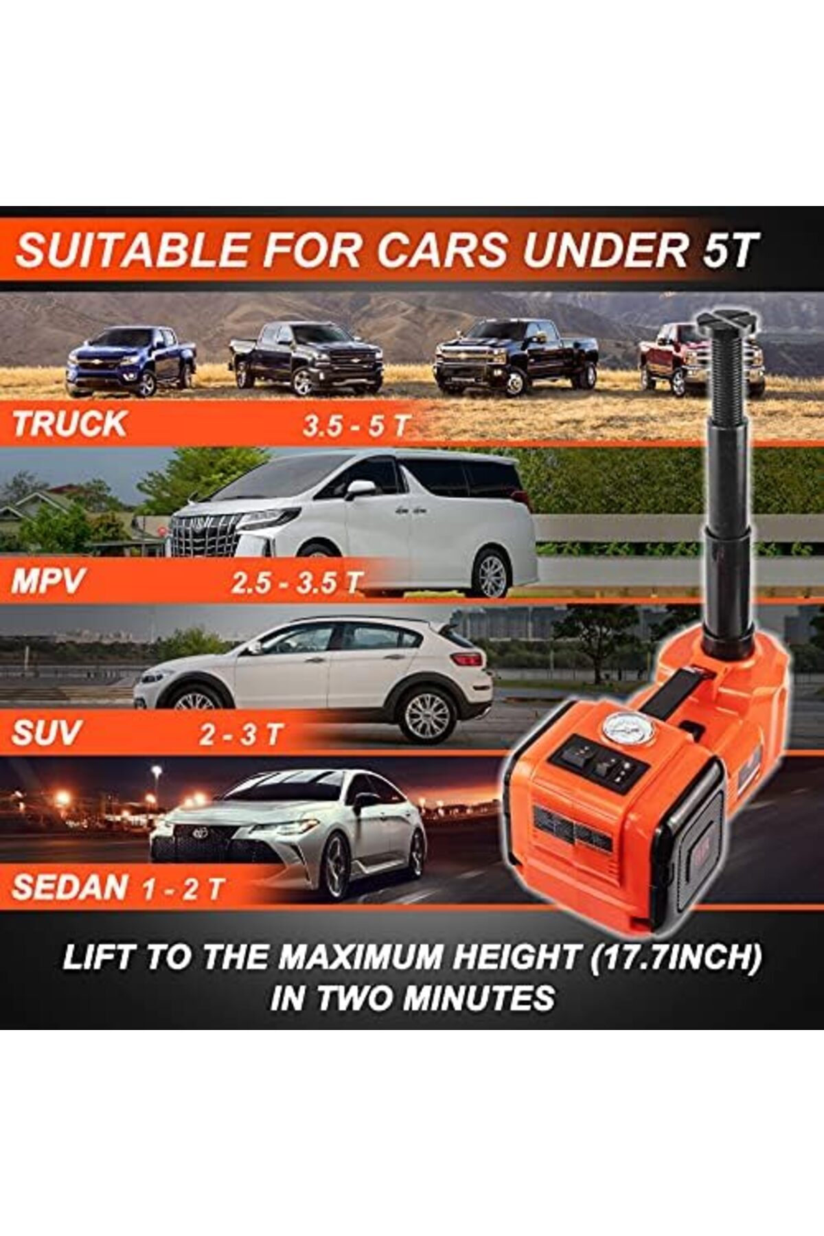 رافعة سيارة هيدروليكية كهربائية سعة 5 أطنان بجهد 12 فولت ومفتاح ربط صدمات لسيارات الدفع الرباعى