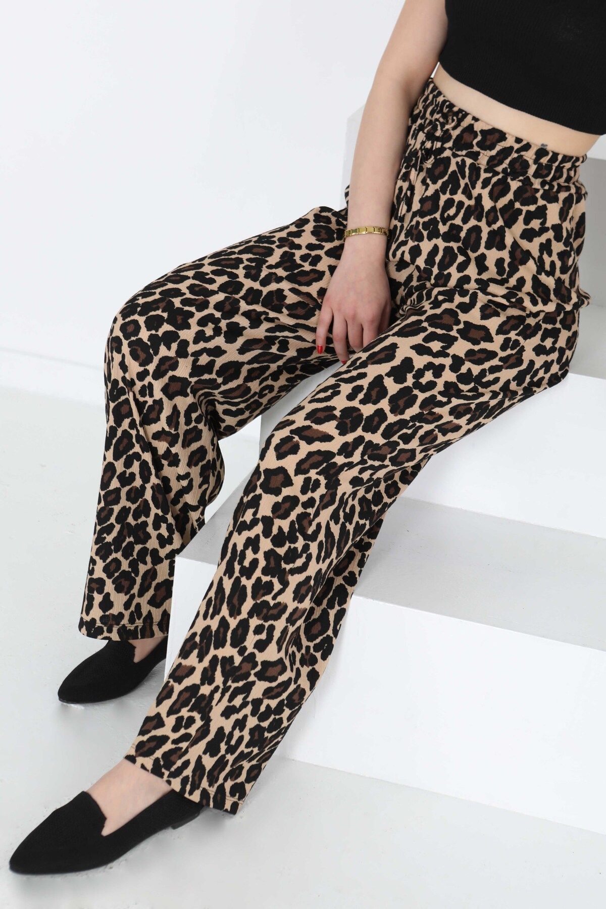 TOFİSA Leopar Desenli Lastikli Pantolon Vizon - 27129