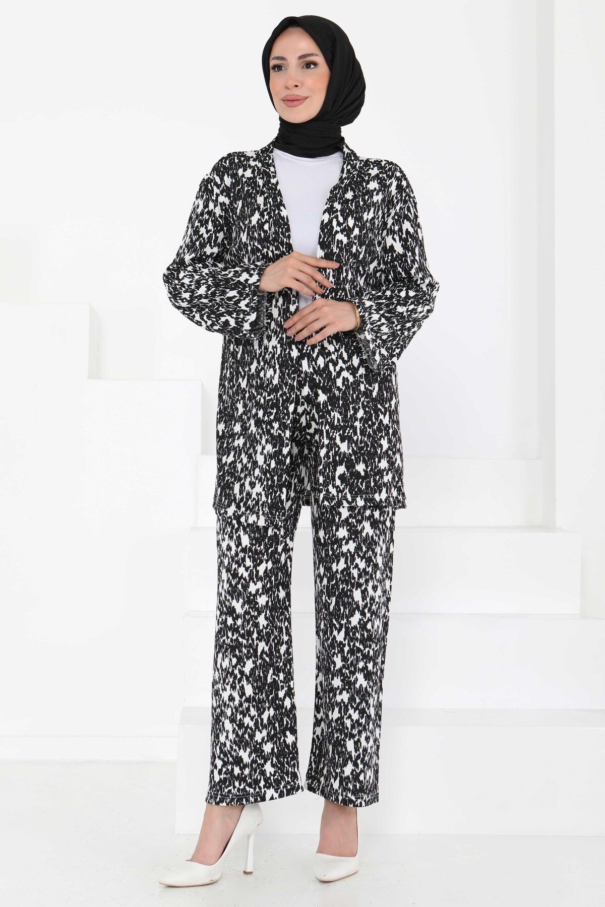 TOFİSA Desenli Kimono Takım Siyah - 27132