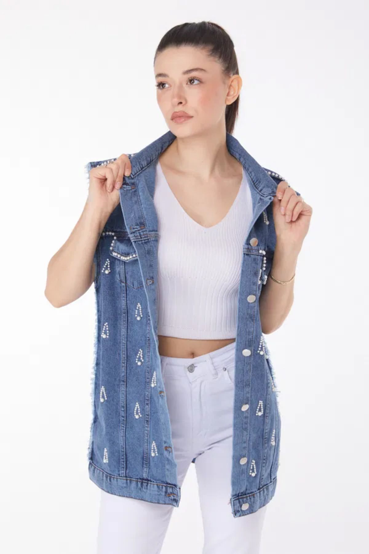 Butik Düz Ceket Yaka Kadın Mavi Taşlı Kot Yelek