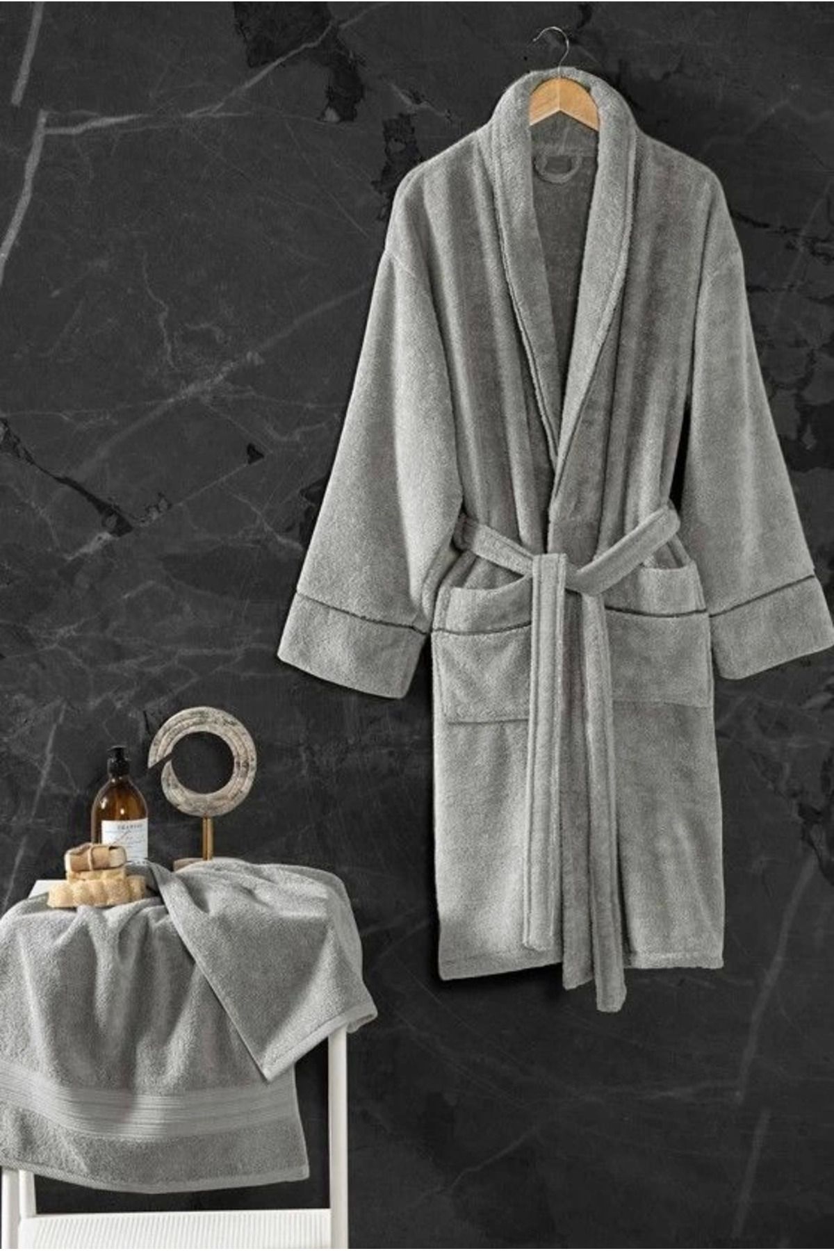 Angoravi Cotton Box Exclusive Single Bornoz Seti Gri L/xl