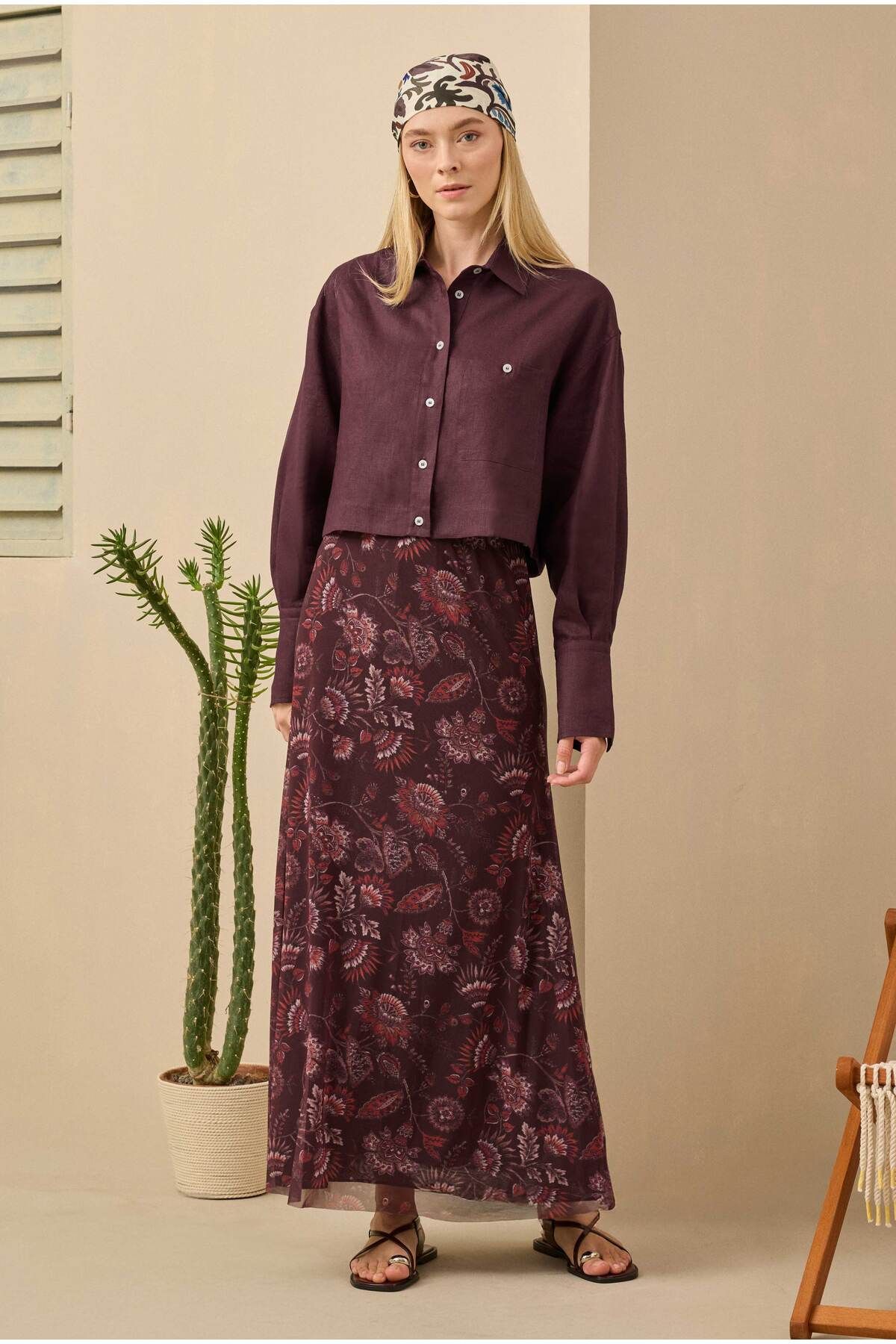 HEQA-Λινό Crop Πουκάμισο Claret Red 3