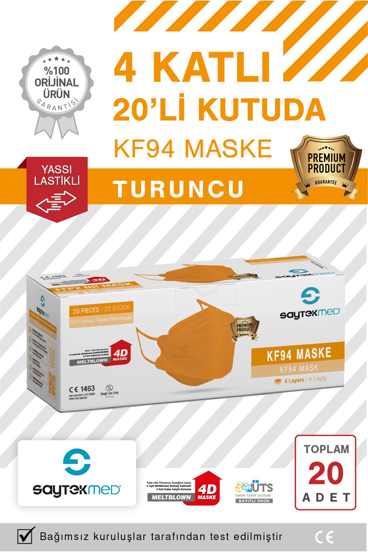 SAYTEKMED KF94 Kore Tipi, 4 katlı, TURUNCU Maske, Tekli Paket, UV Steril (1 Kutu/ 20 Adet)