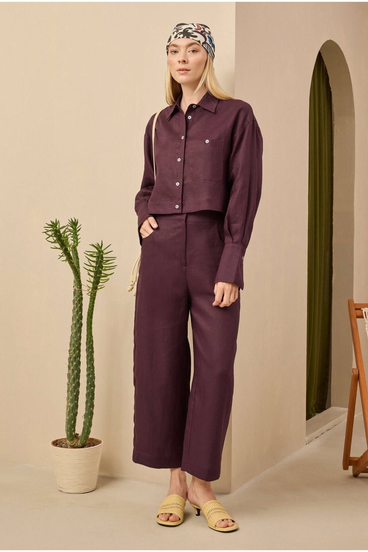 HEQA-Λινό Crop Πουκάμισο Claret Red 8