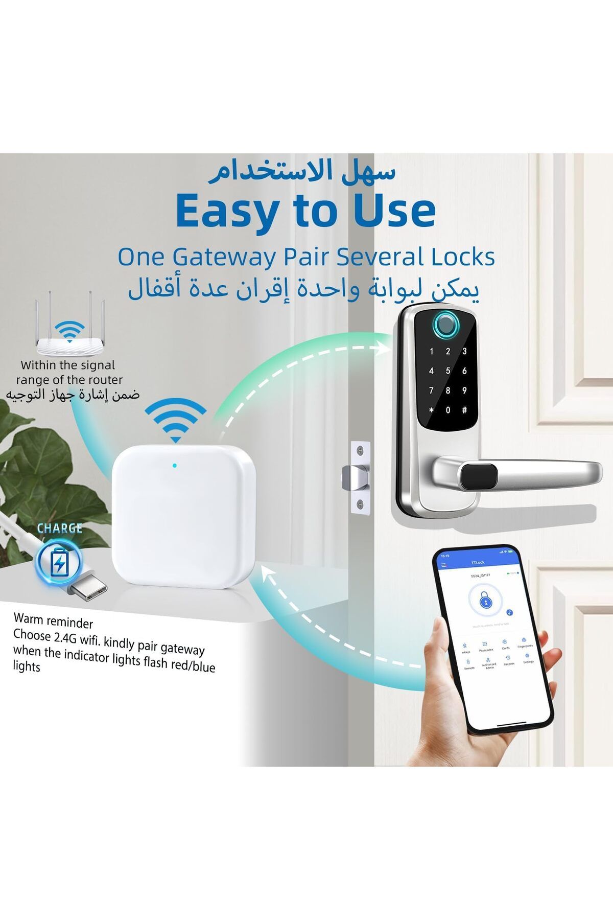 AKADA-Smart Gateway G2 for TTLock App, Keyless Entry Door Lock WiFi Bridge 4