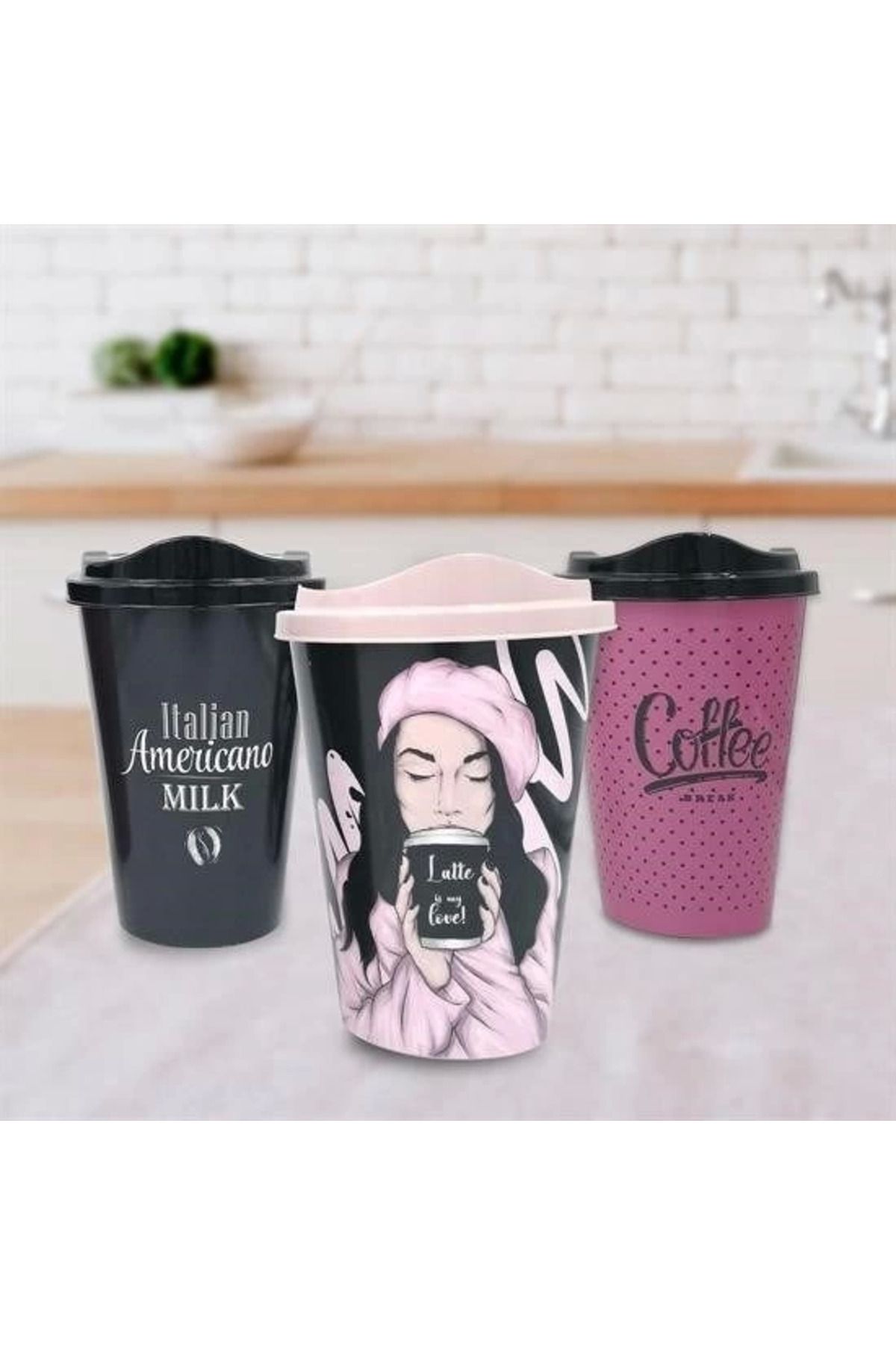 ÖYKÜ VE YİĞİT 3 Adet Kahve Bardağı Seti Dekoratif Plastik Kahve Muhafaza Bardağı